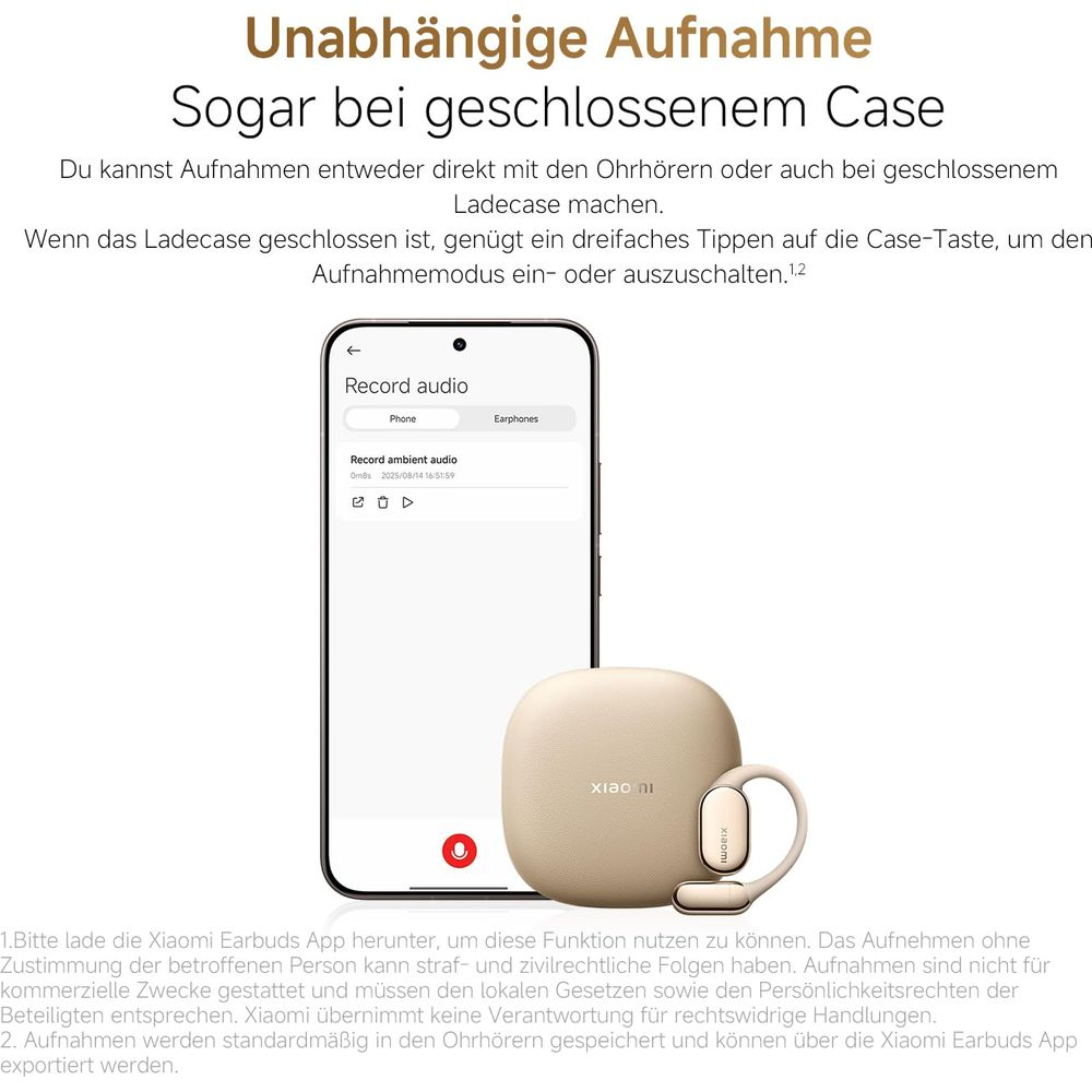 Beżowe etui na słuchawki douszne i pojedyncza słuchawka douszna są wyświetlane obok smartfona z ekranem „Record audio”.