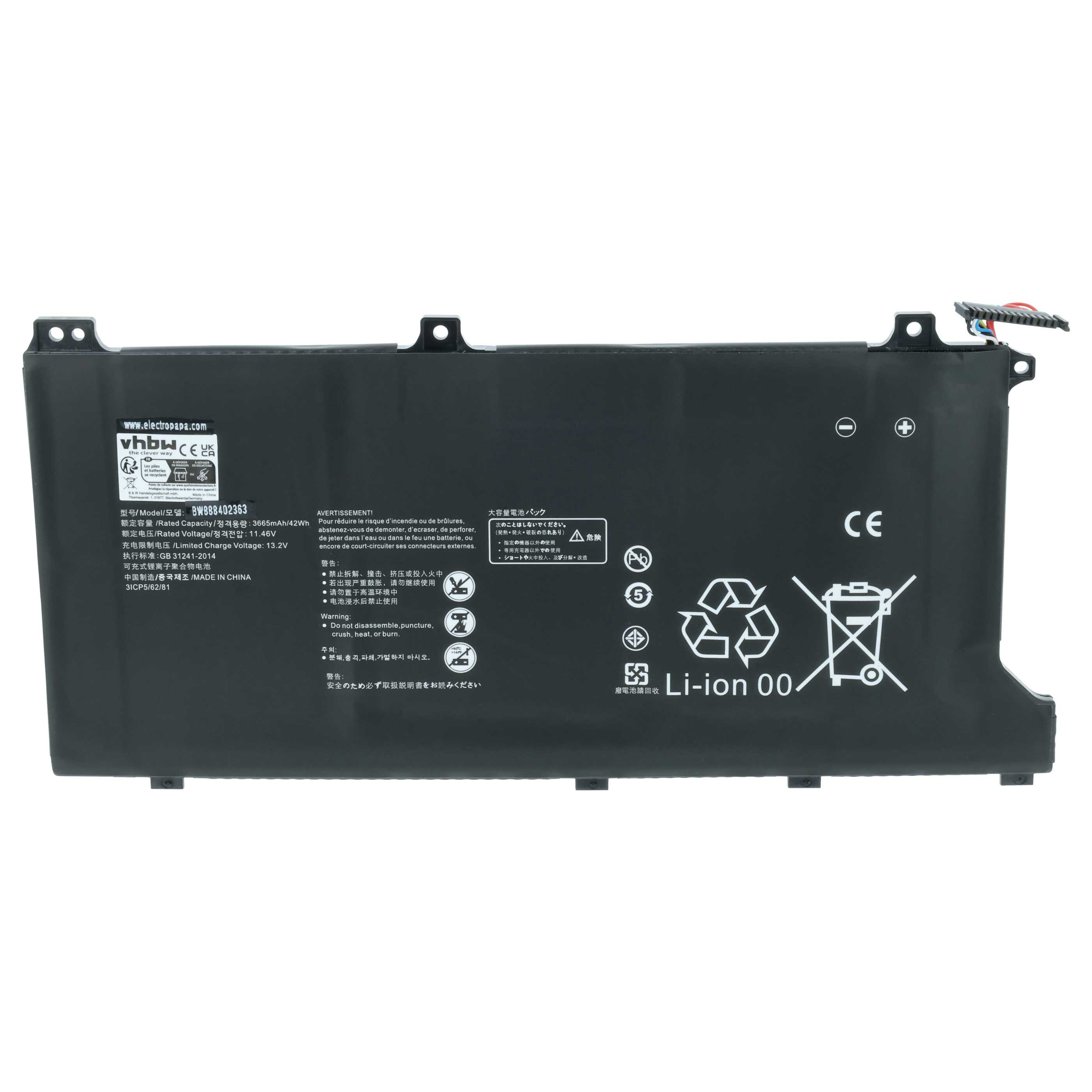 Schwarzer Laptop-Akku mit Warnsymbolen und Text in mehreren Sprachen.