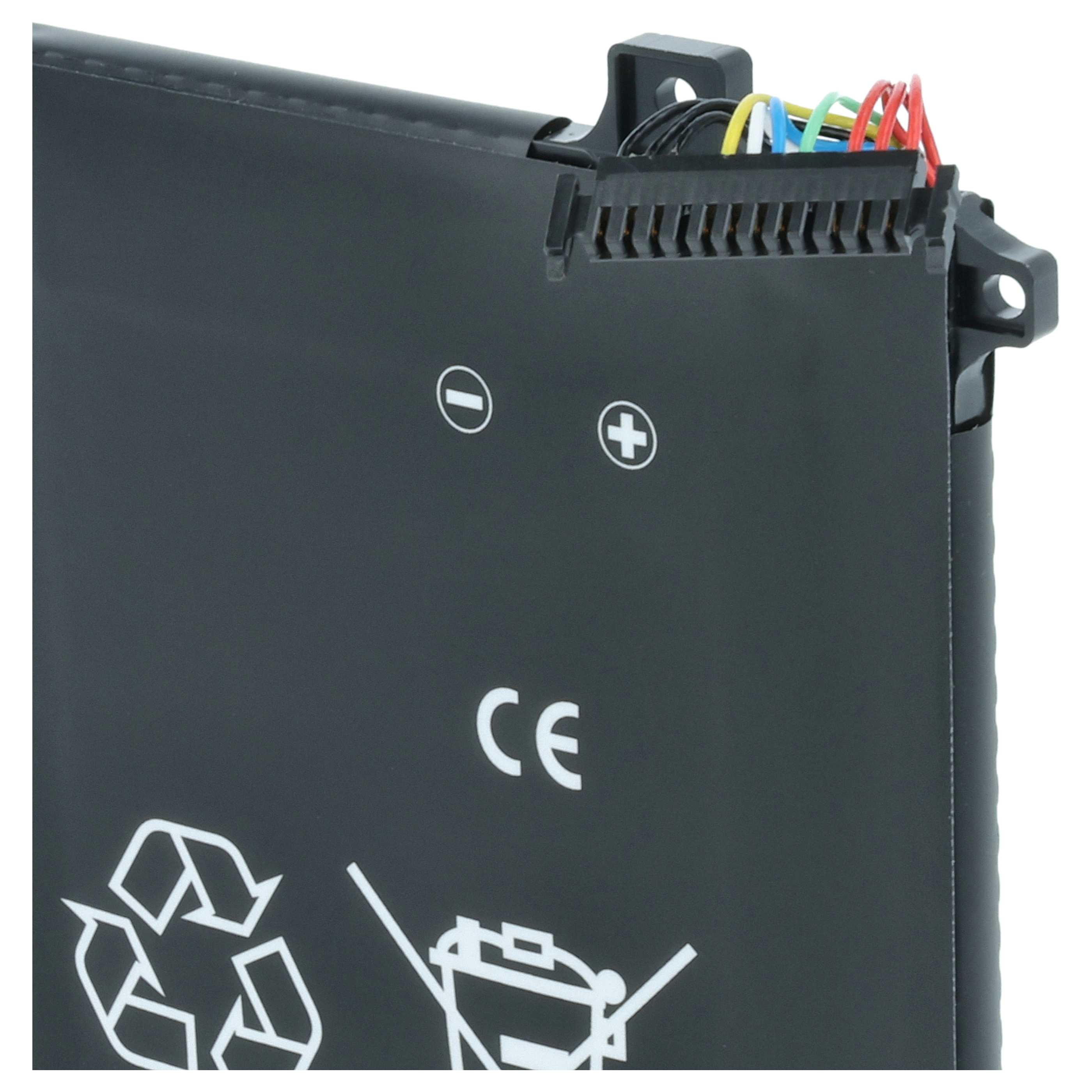 Schwarzer Akku mit Kabelanschluss, CE- und Recycling-Symbol.