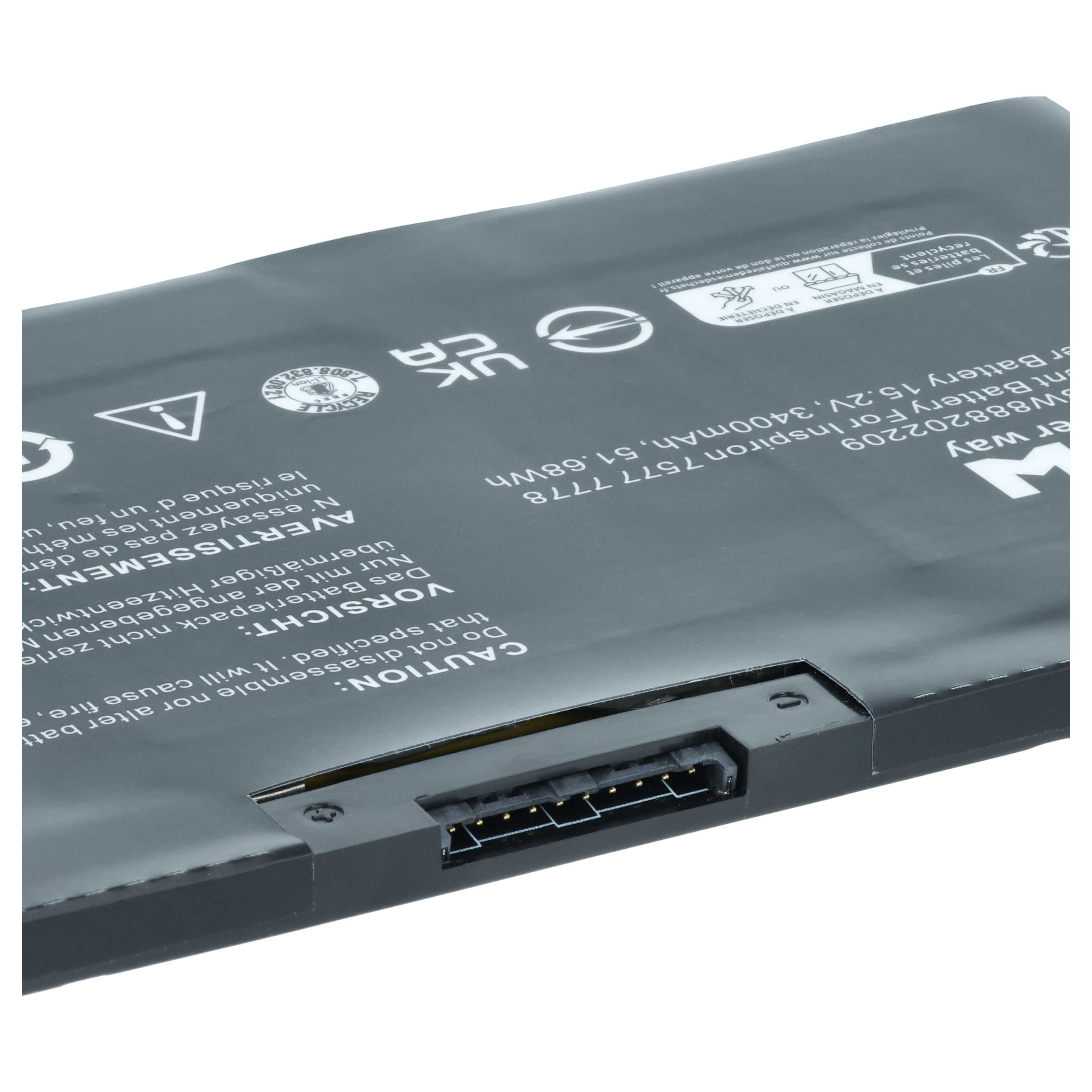 Ein Laptop-Akku mit Anschlüssen und Warnhinweisen in mehreren Sprachen.