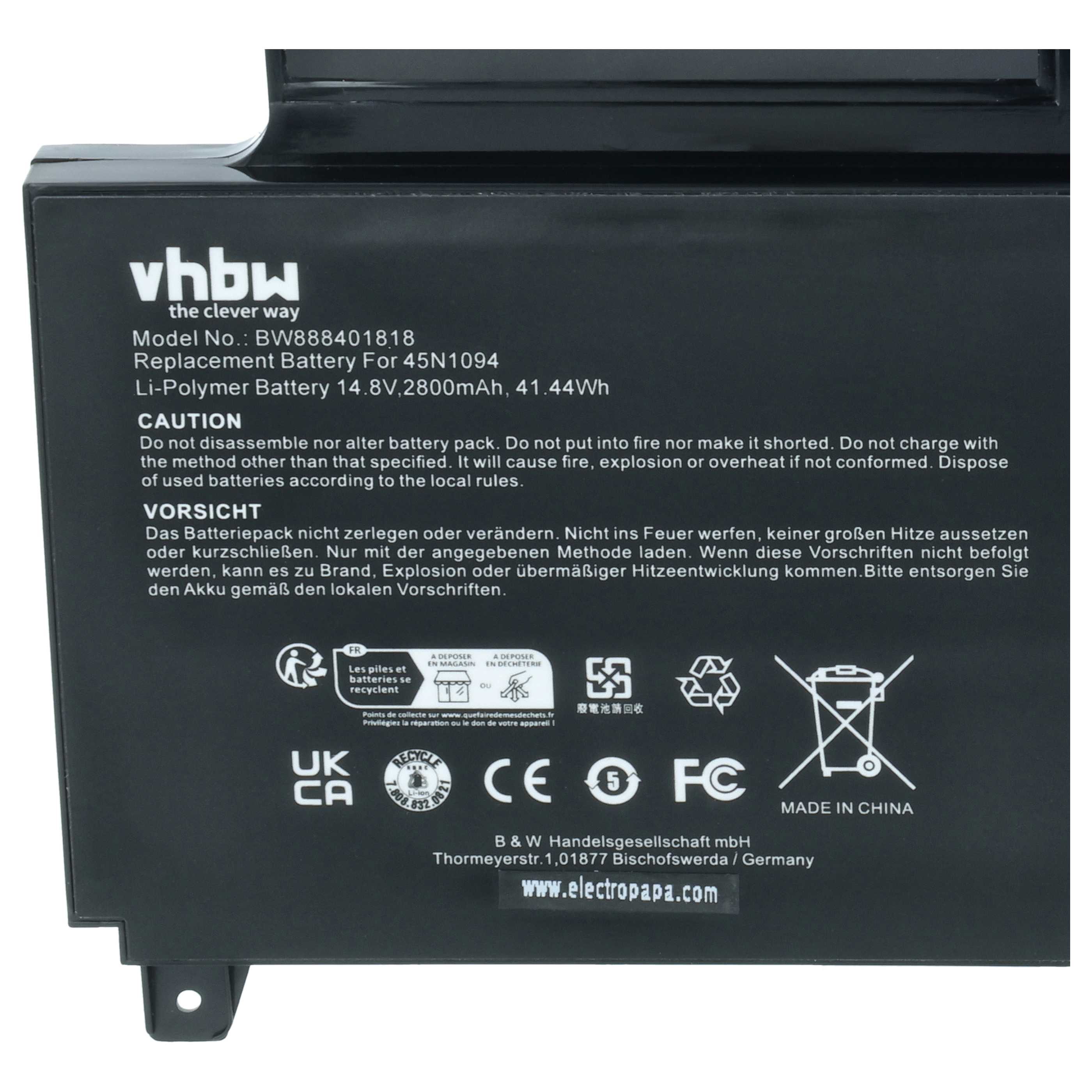 Schwarzer Akku mit Aufschriften: Modell BW888401818, Li-Polymer, 14.8V, 2800mAh. Enthält Symbole für Recycling und Warnhinweise.