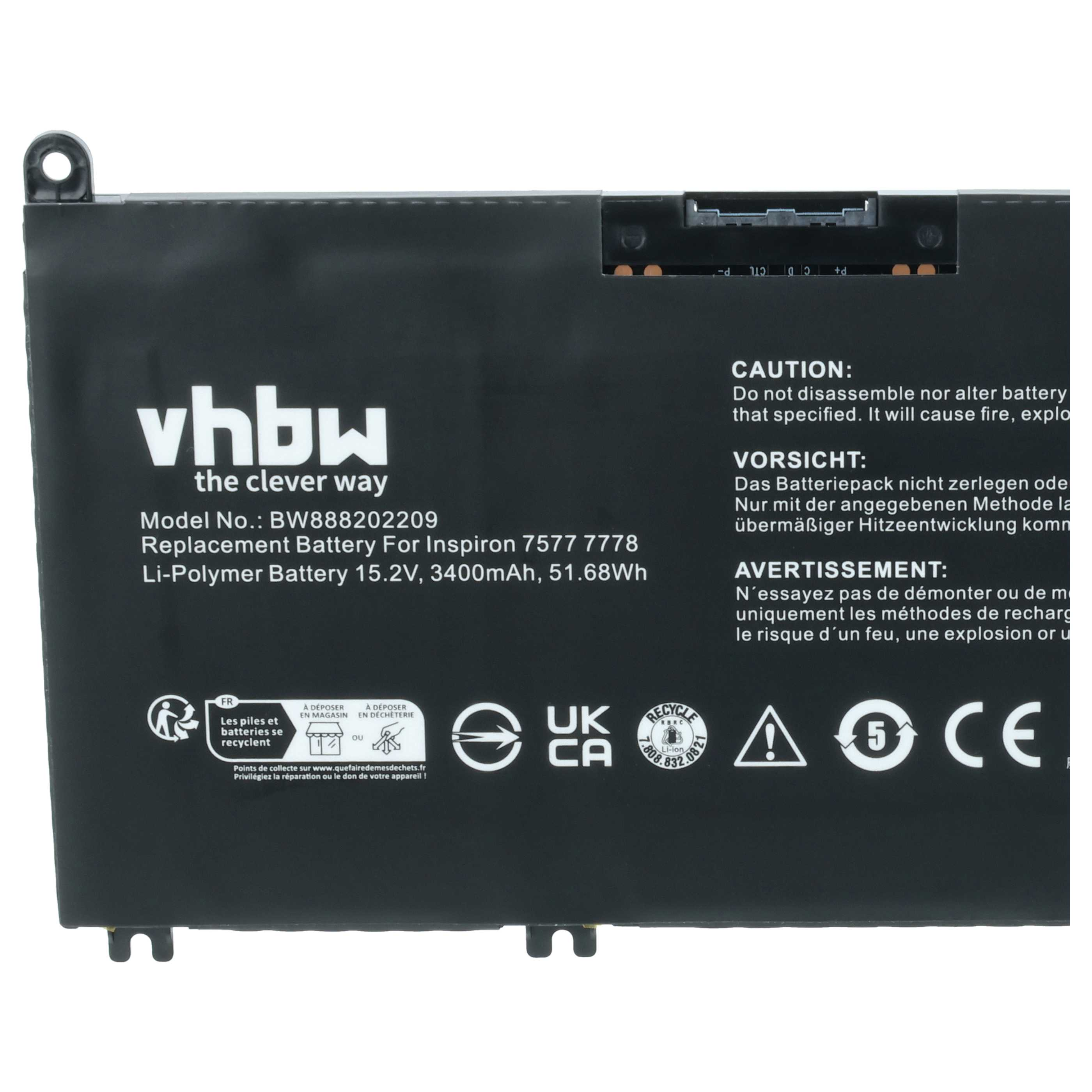 Schwarzer Laptop-Akku mit VHBW-Logo, Modellnummer und Warnhinweisen.