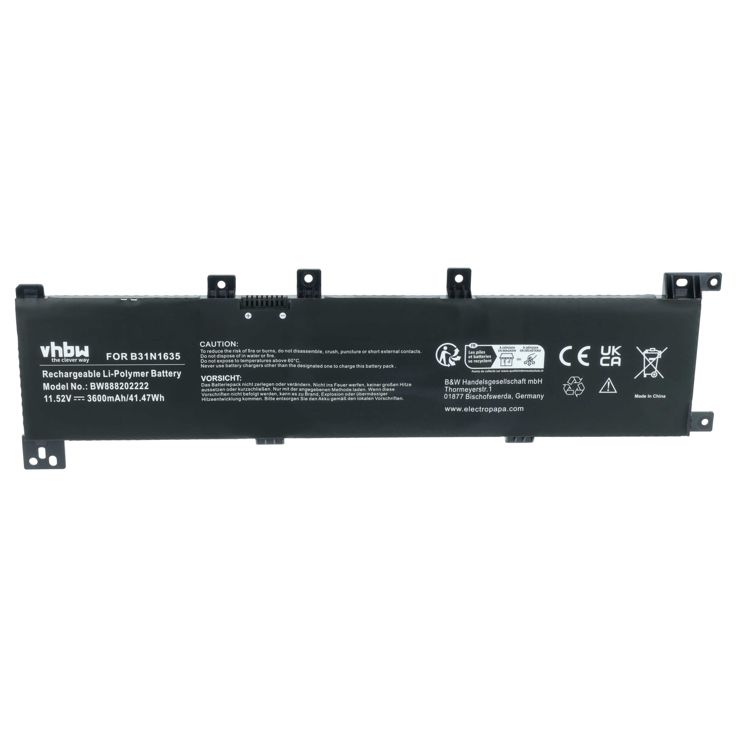 Schwarzer Li-Polymer Akku mit Modellnummer BW888202222 und CE-Zeichen.