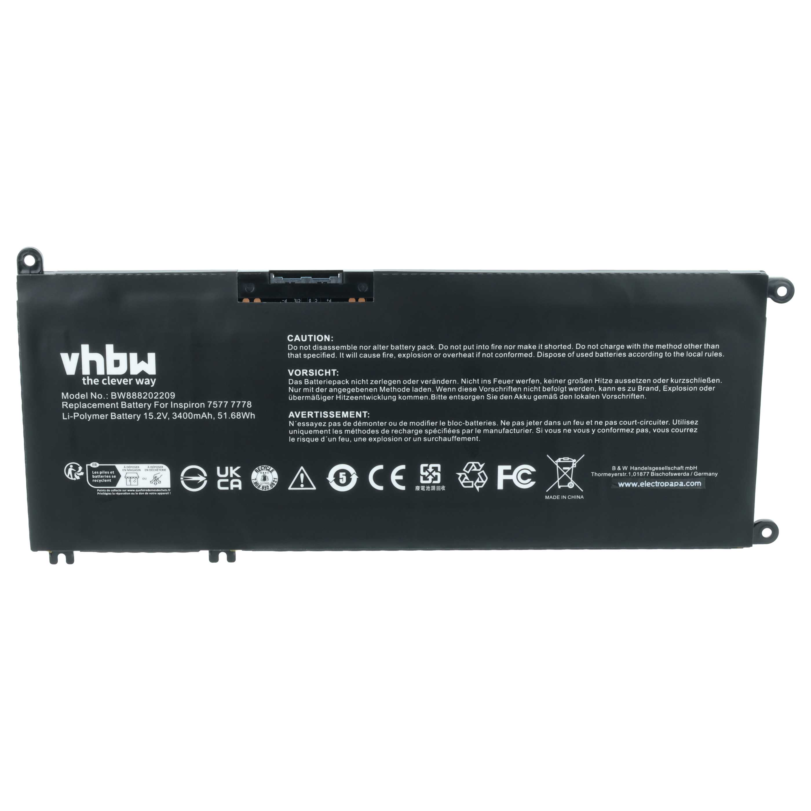 Schwarzer Laptop-Akku mit Warnhinweisen und Logos. Modell BW888202209.