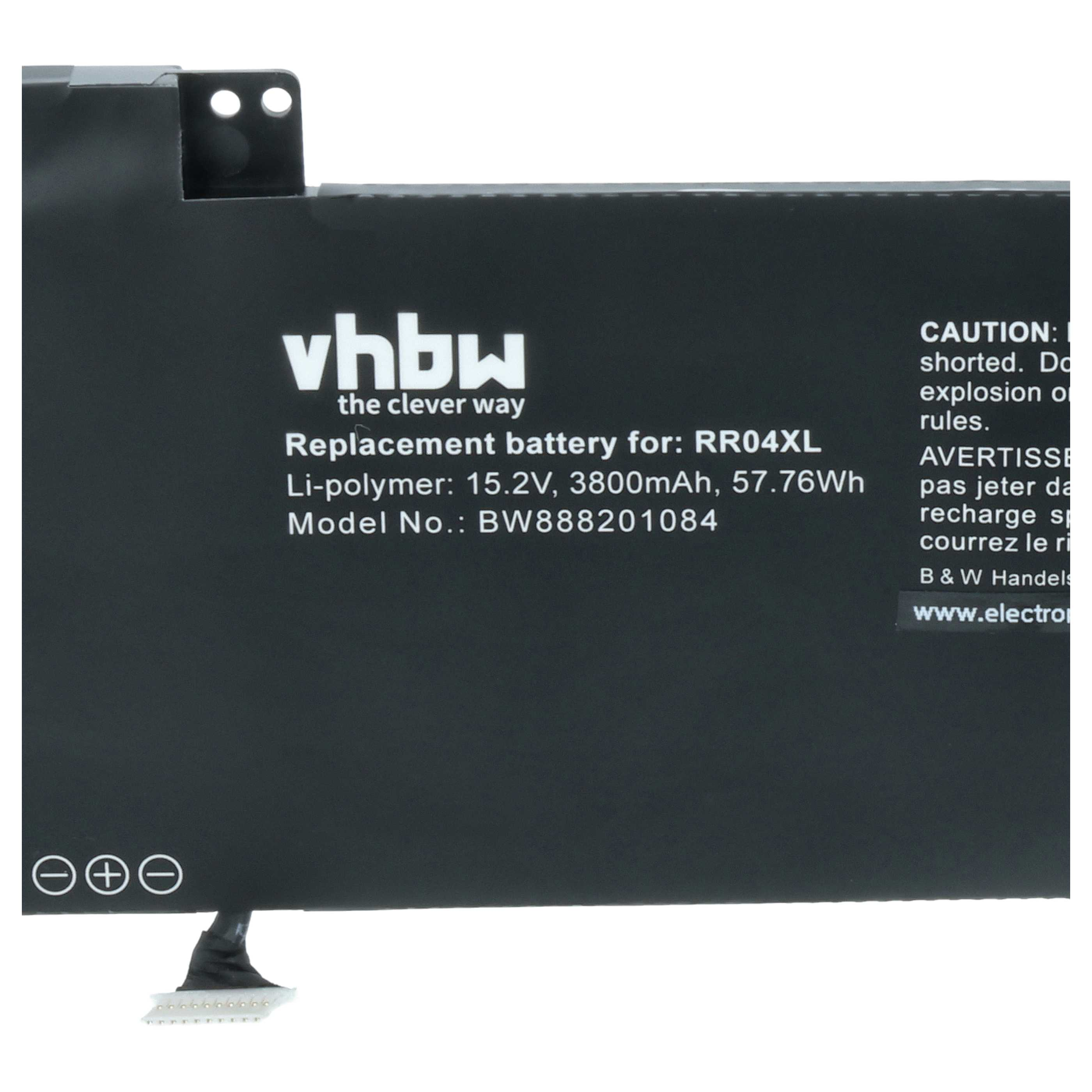 Schwarzer Akku mit Aufschriften: vhbw, RR04XL, 15.2V, 3800mAh, BW888201084.