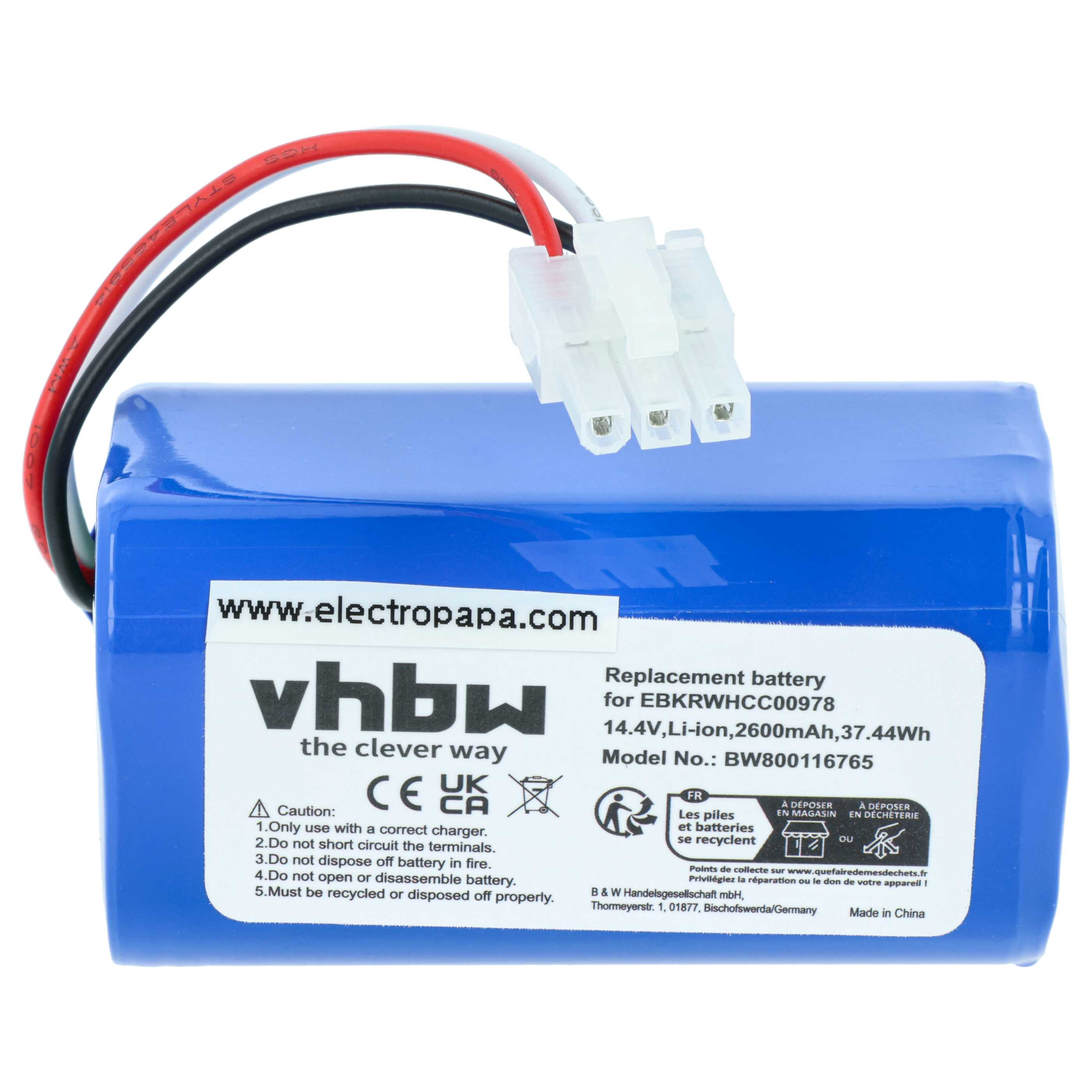 Blaue Li-Ion-Batterie mit Kabeln und Anschlussstecker. Etikett mit Details.