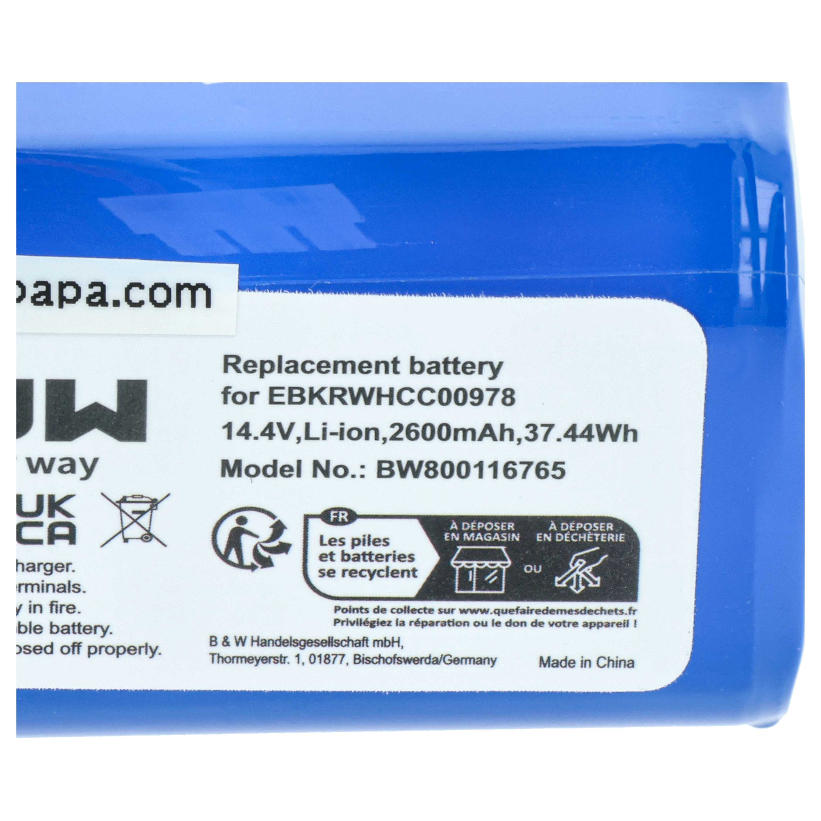 Blauer Akku mit Etikett: Ersatzakku für EBKRWHCC00978, 14.4V Li-Ion, 2600mAh.