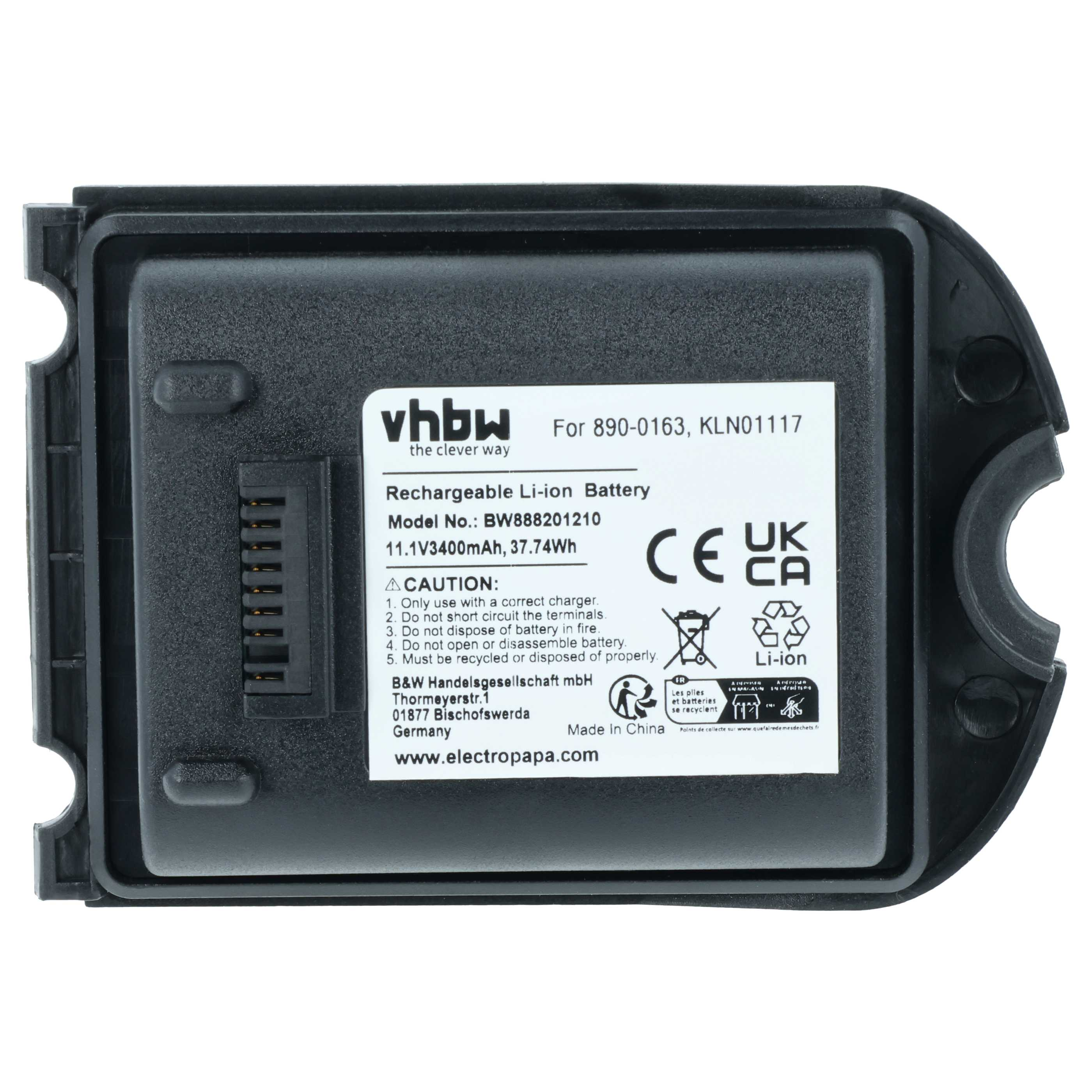 Schwarzer Li-Ion Akku für 890-0163, KLN01117. Enthält Warnhinweise.