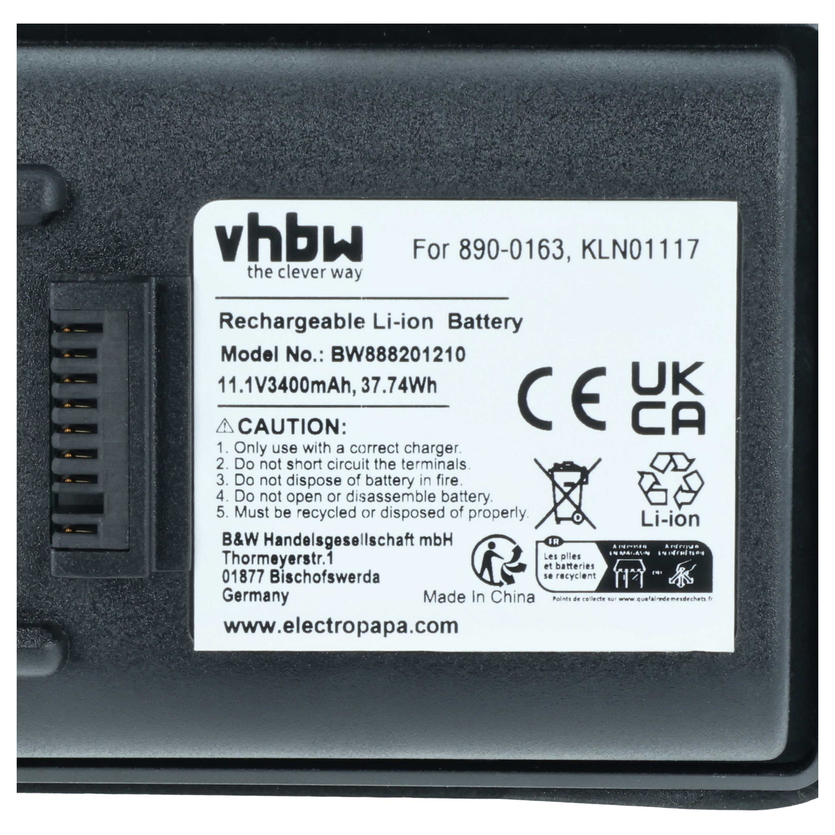 Schwarzer Akku mit weißem Etikett: vhbw, Li-ion, 11.1V 3400mAh.