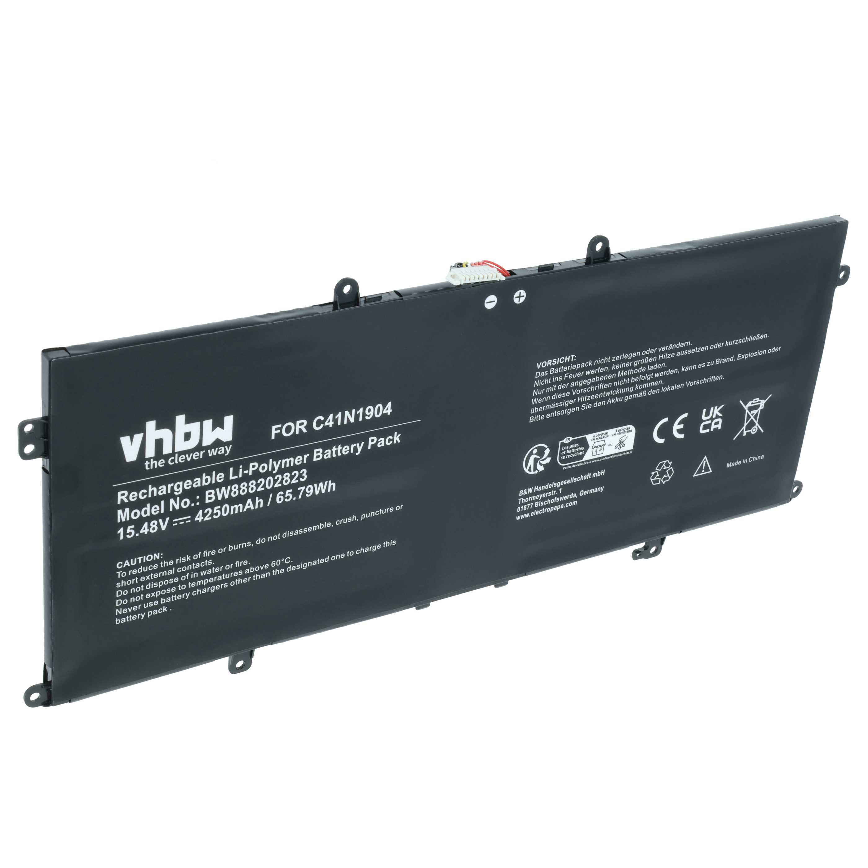 Schwarzer Laptop-Akku mit Modellnummer und Warnhinweisen.