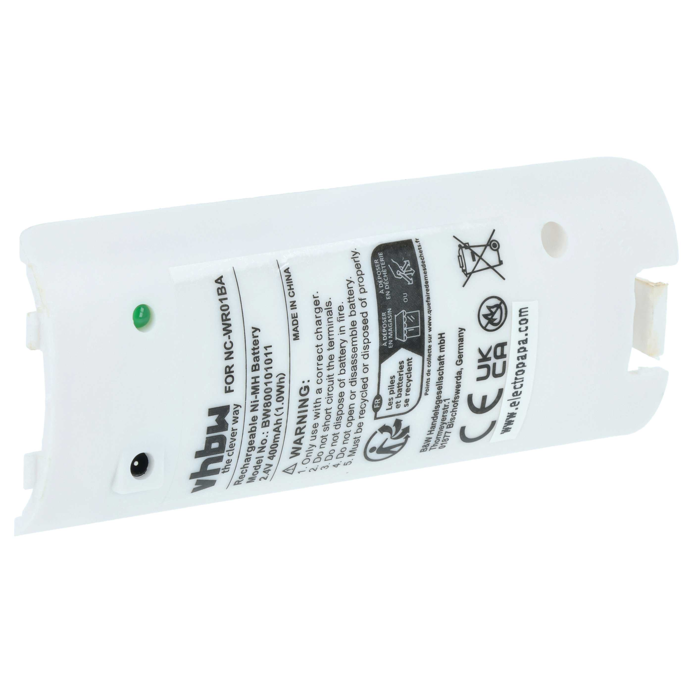 Weiße Batterie mit Aufdruck, Modell NC-WR01BA, 2.4V 400mAh Ni-MH.