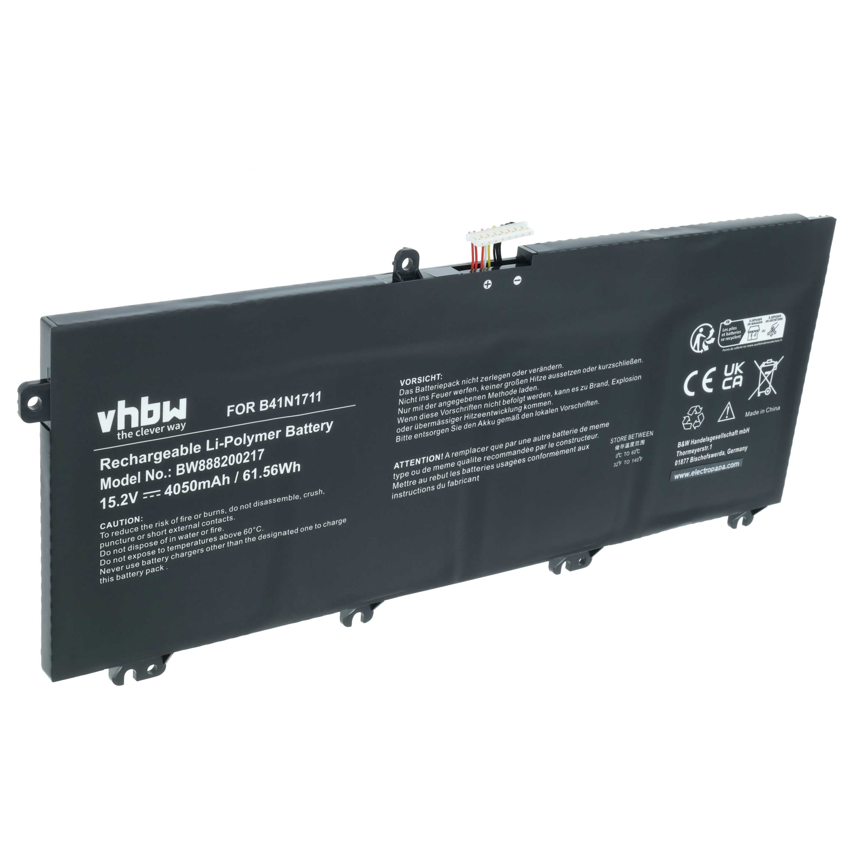 Schwarzer Laptop-Akku von vhbw, 15.2V, 4050mAh, mit Warnhinweisen.