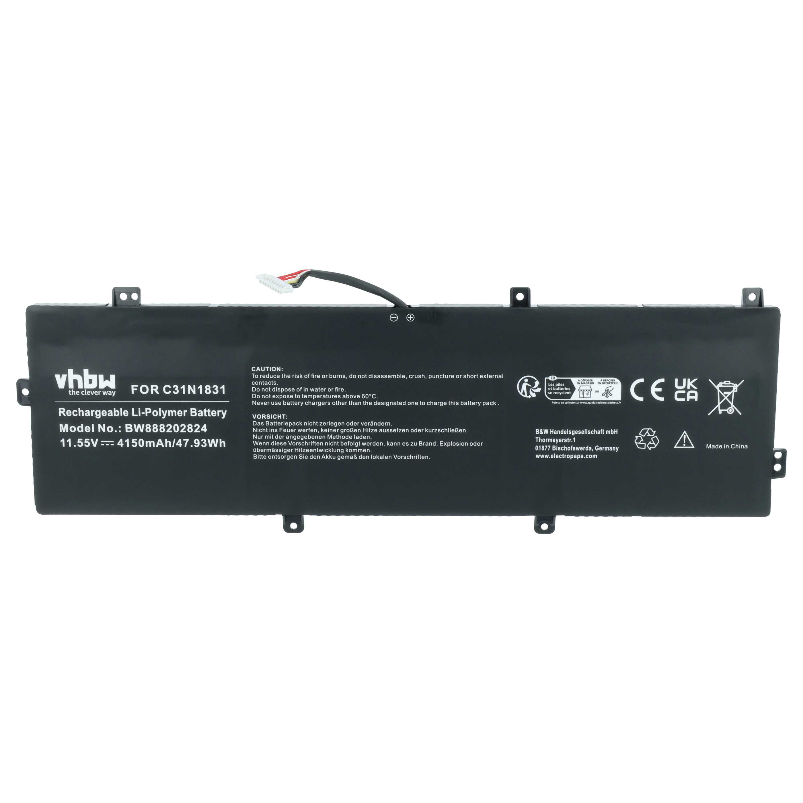 Schwarzer Li-Polymer-Akku für C31N1831, 11.55V, 4150mAh. Enthält Warnhinweise.
