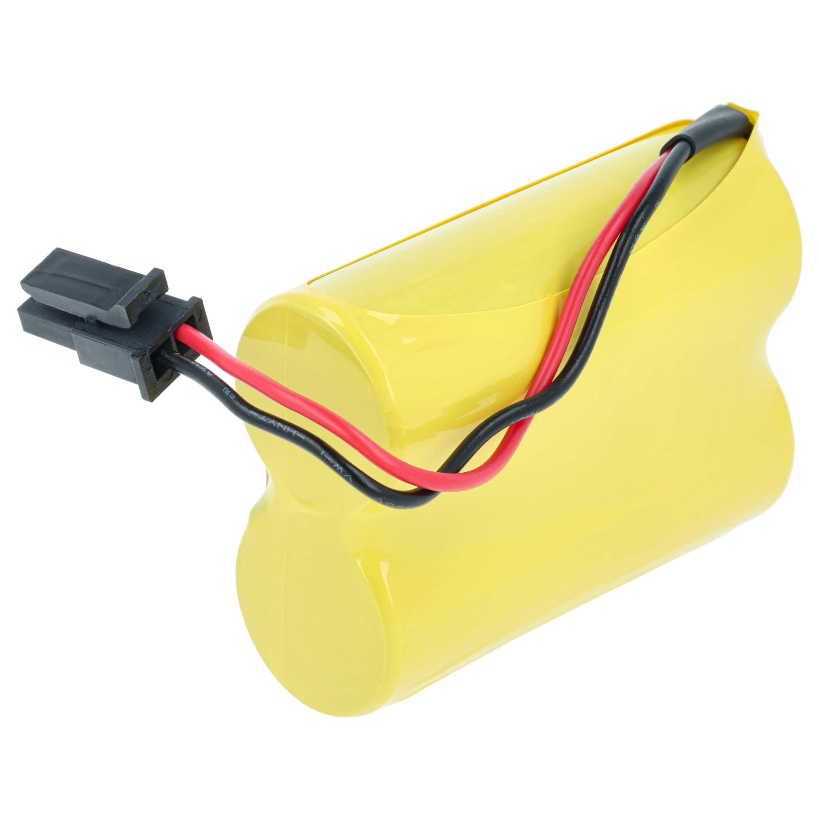 Gelber Akku mit schwarzen und roten Kabeln und einem schwarzen Stecker.