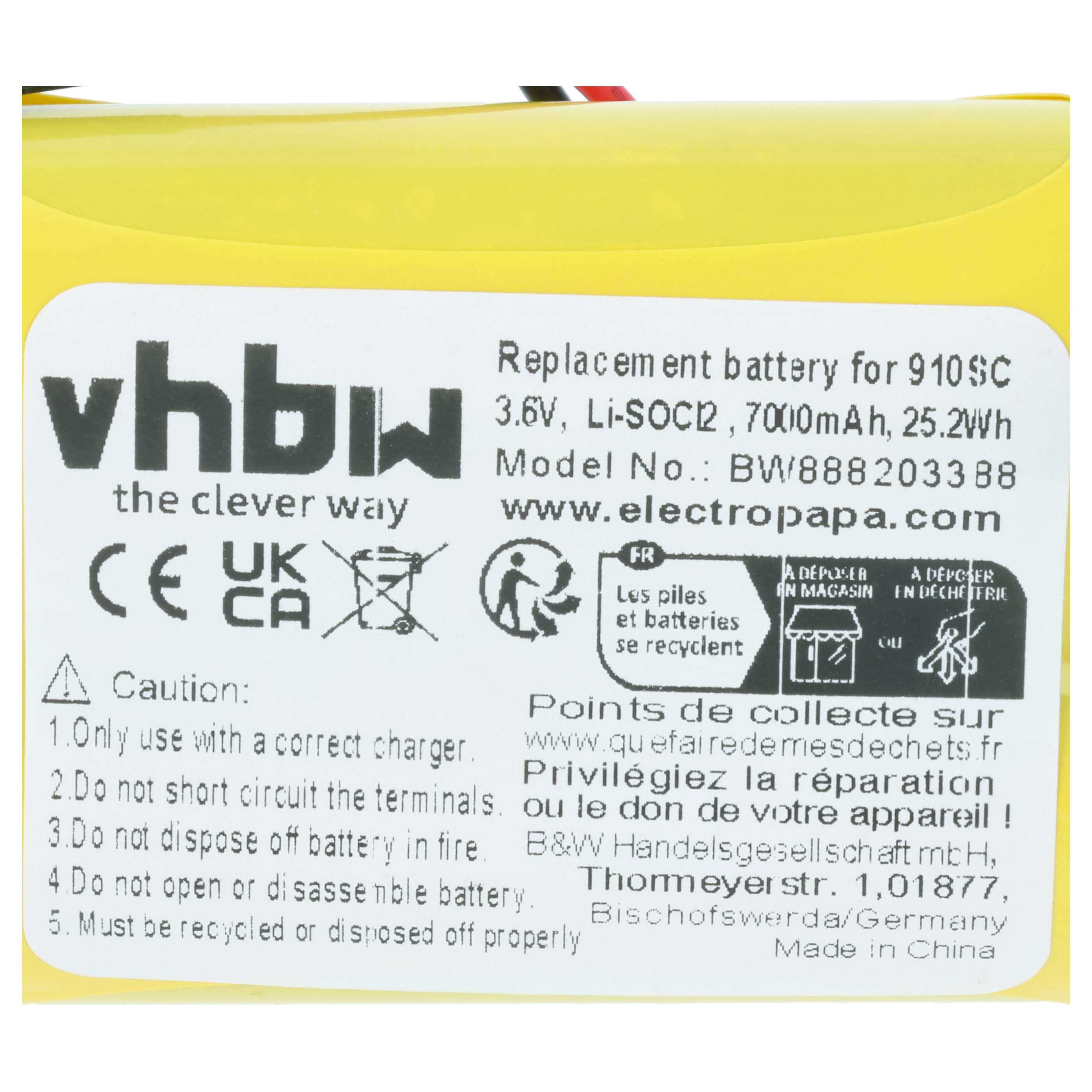 Gelber Akku mit schwarzer Beschriftung, Modell 910SC, 3,6V, 7000mAh.