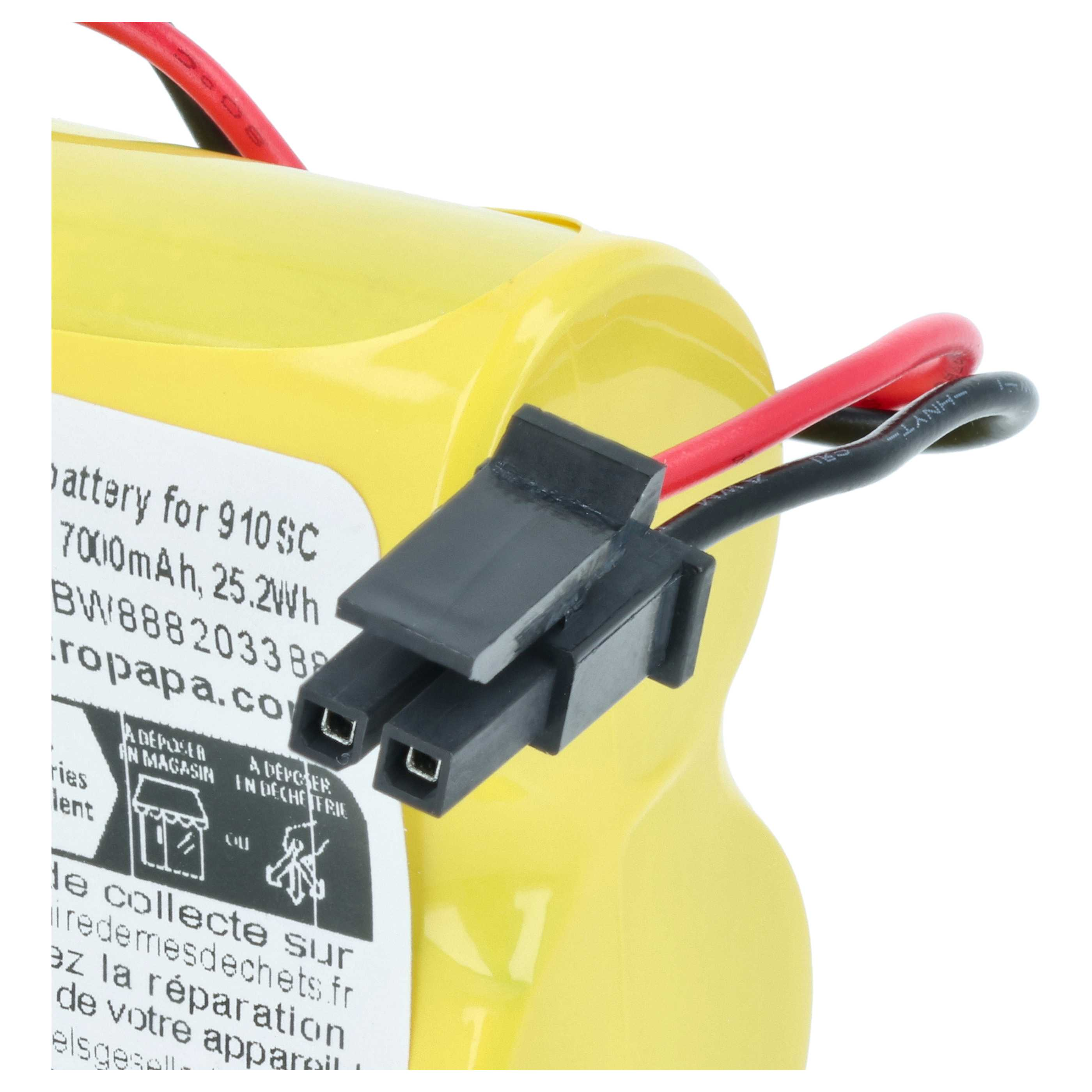Gelbe Batterie mit rotem und schwarzem Kabel sowie schwarzem Stecker.