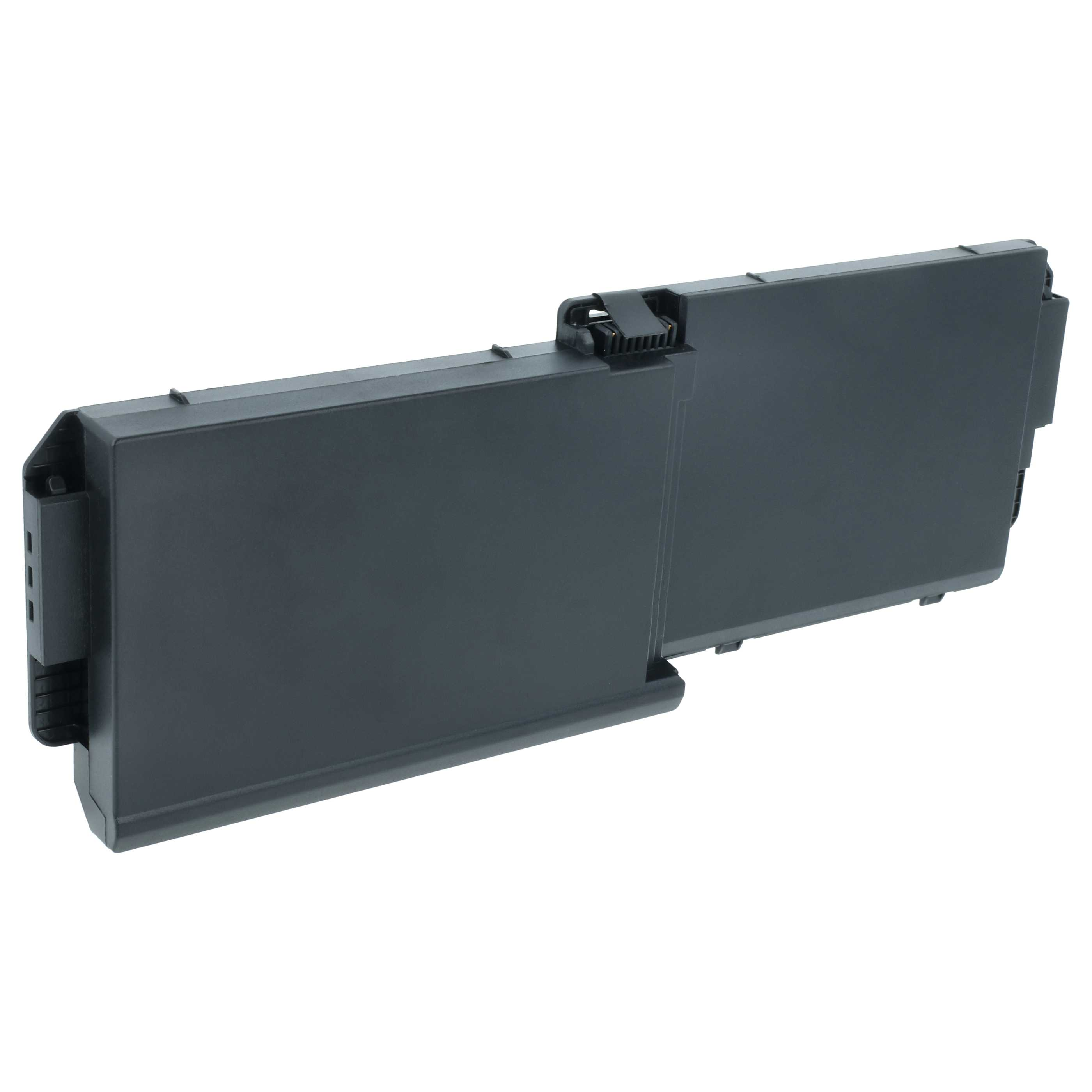 Ein schwarzer Laptop-Akku mit mehreren Anschlüssen und Verriegelungsmechanismen.