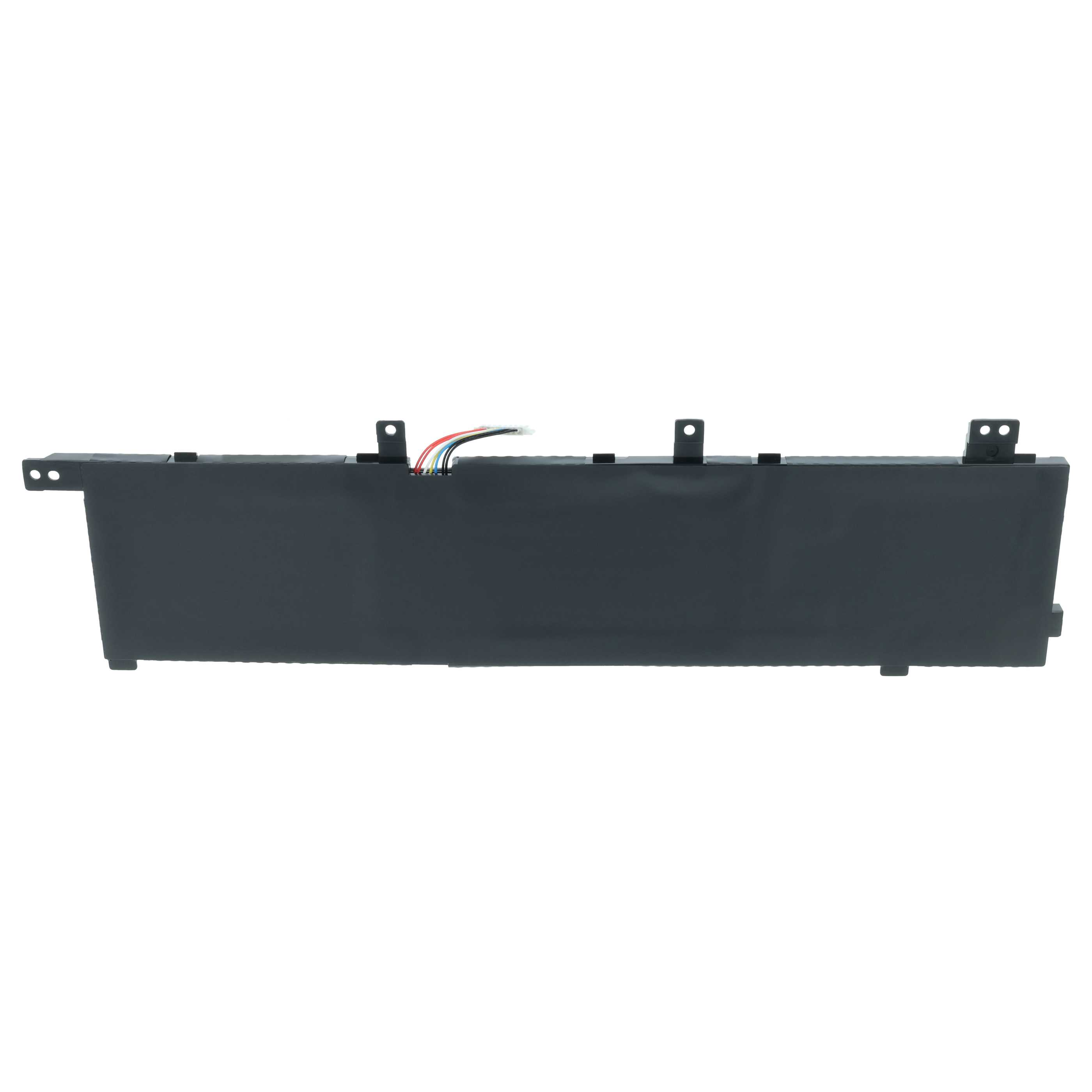 Ein flaches, dunkles Laptop-Akku mit bunten Kabeln.