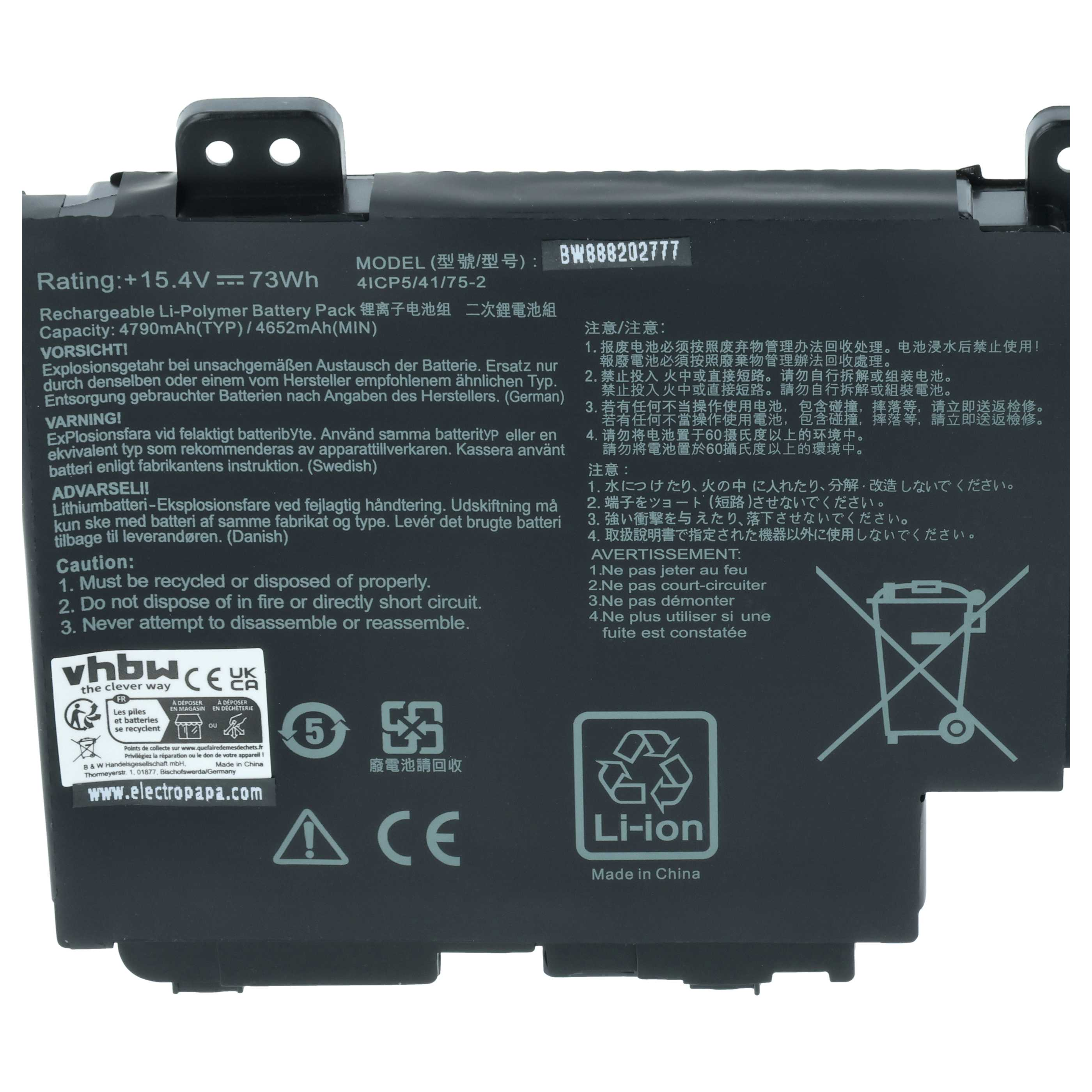 Schwarzer Li-Ion Akku mit Modell- und Warnhinweisen, CE- und Recycling-Symbolen.