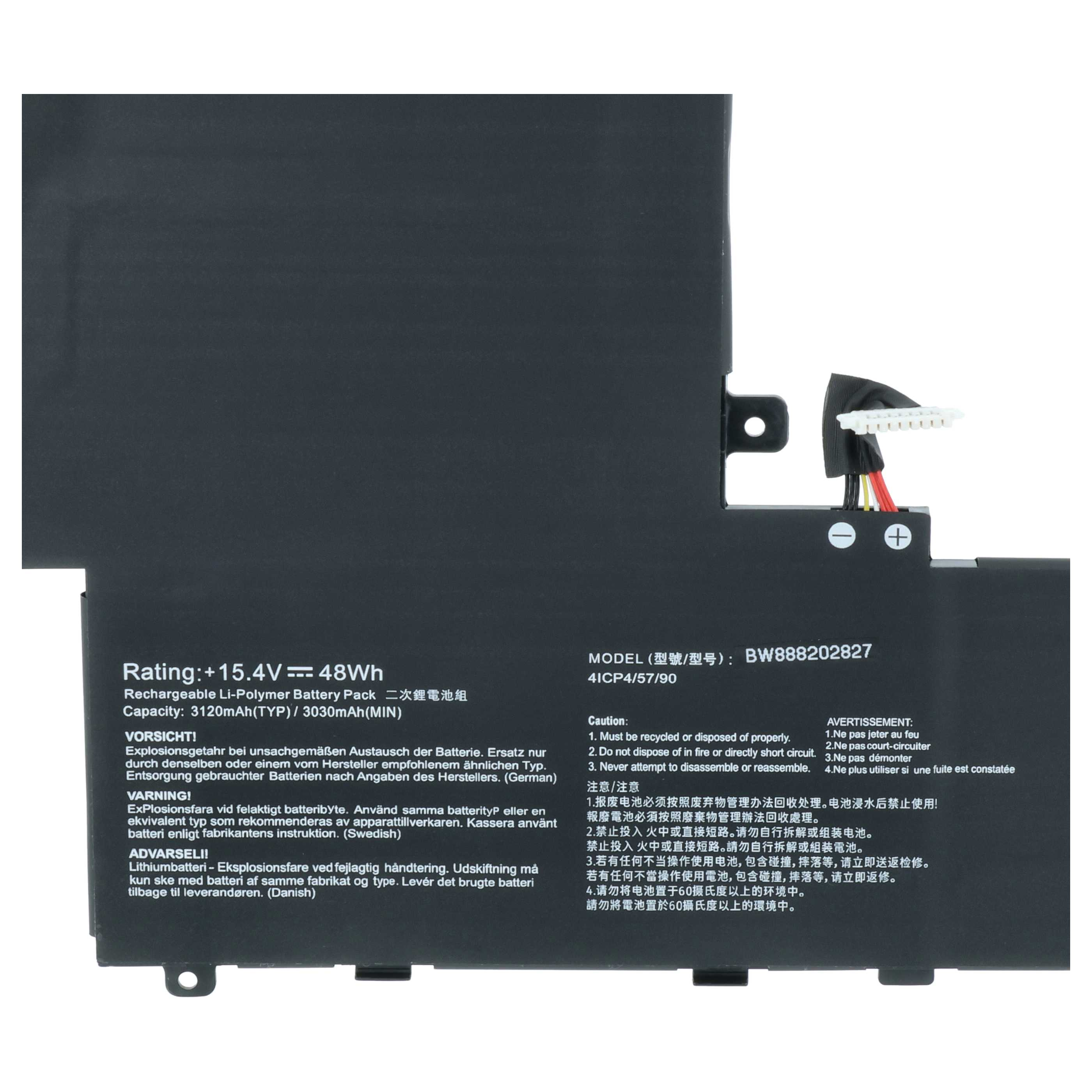 Schwarzer Li-Polymer-Akku mit weißen Anschlüssen und Warnhinweisen.