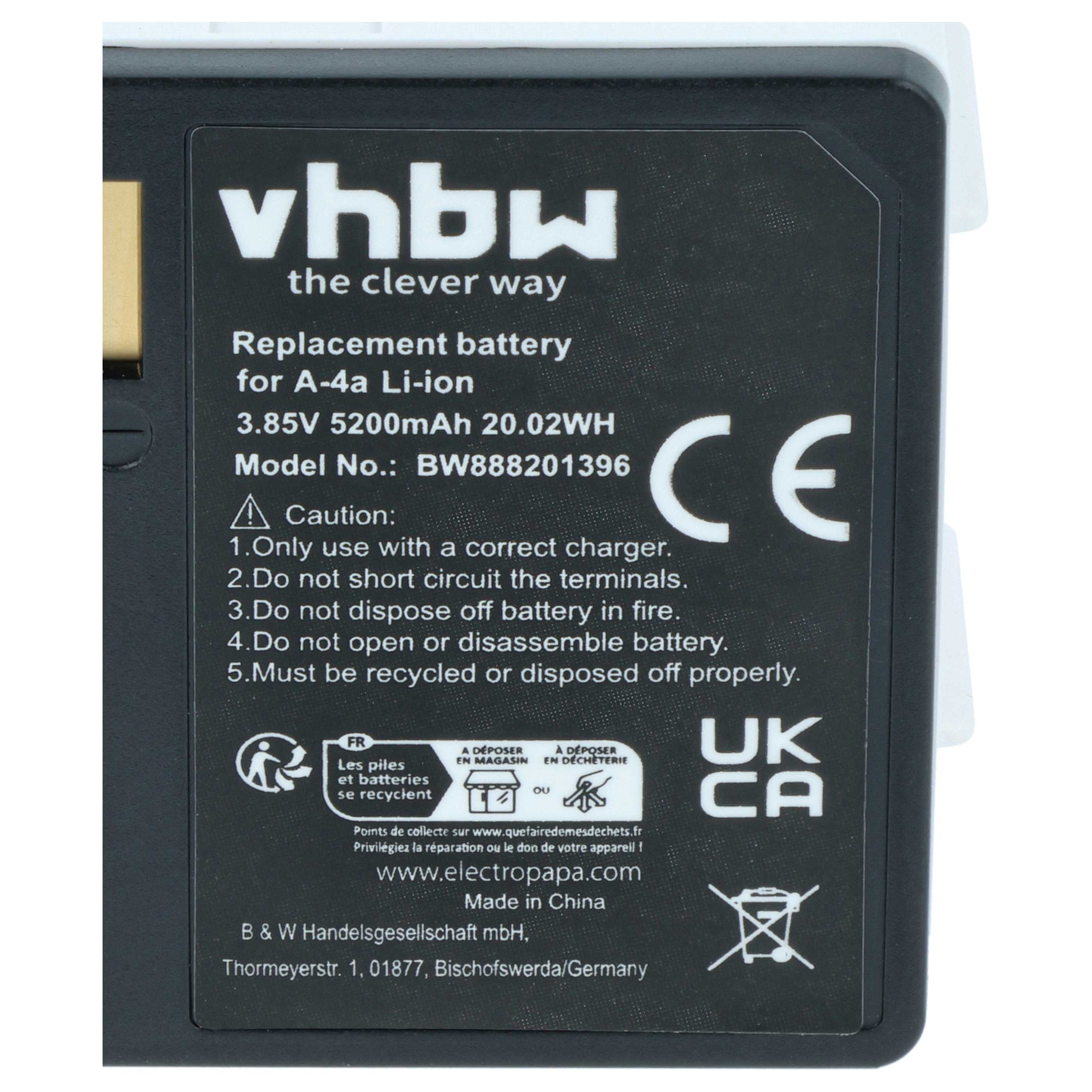 vhbw Ersatzakku für A-4a Li-ion, 3.85V 5200mAh. CE und UKCA Zeichen.
