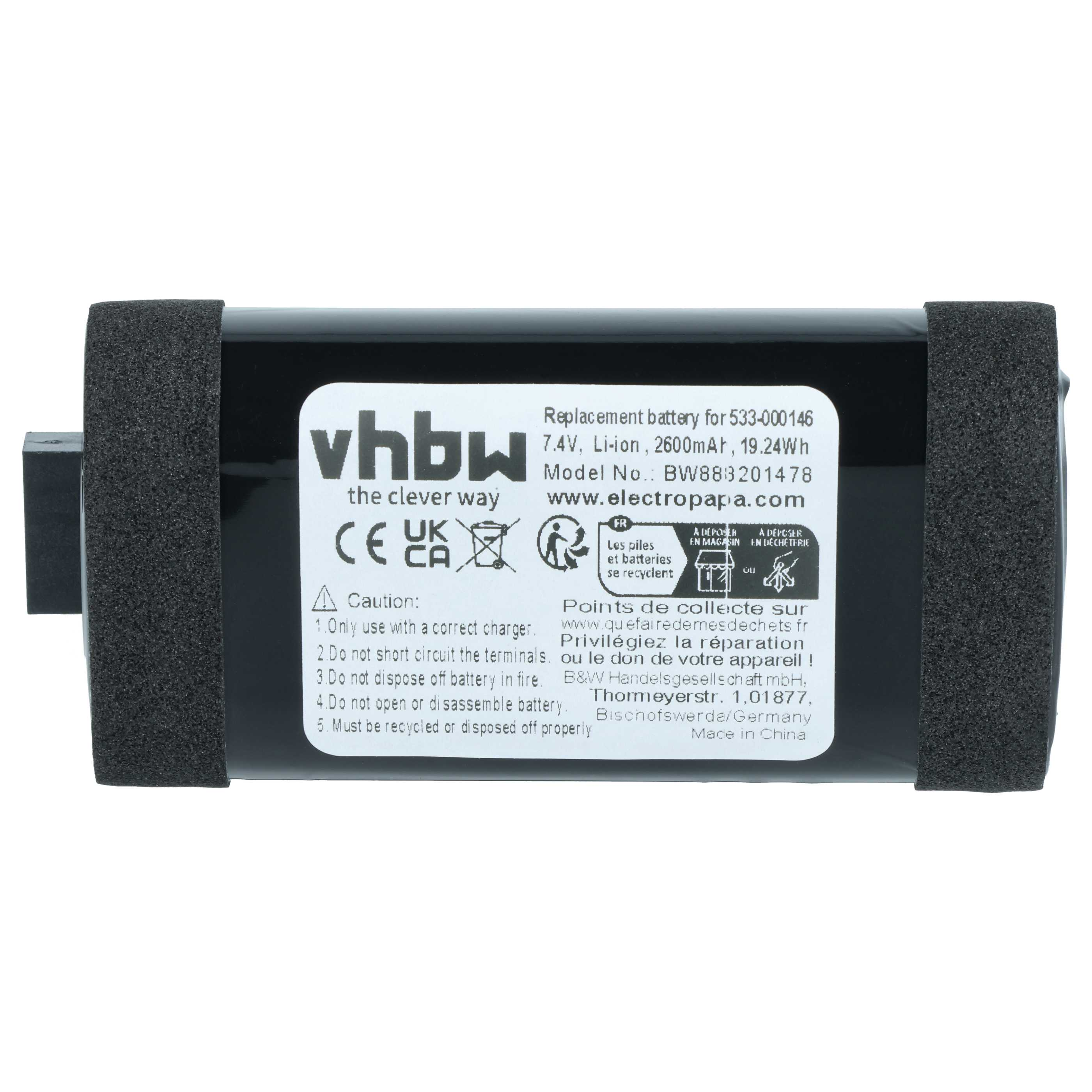 Schwarzer Li-Ion Akku 7,4V 2600mAh mit Schaumstoff-Endkappen und Aufdruck.