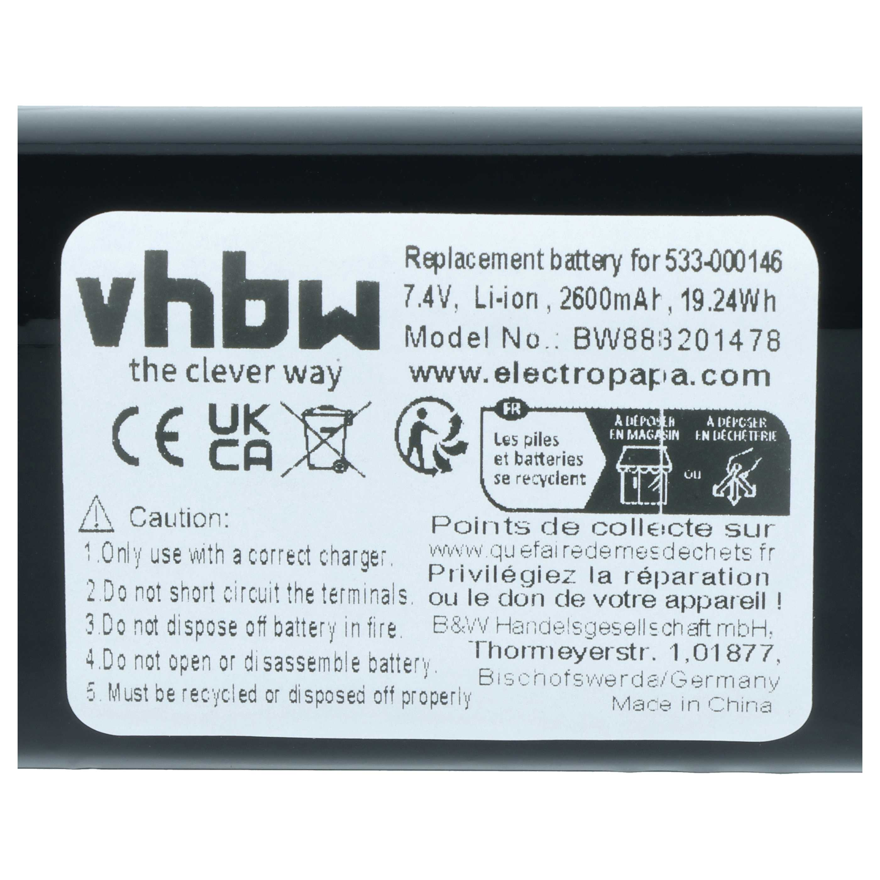 Etikett mit VHBW-Logo, Ersatzbatterie-Infos, CE/UKCA-Zeichen, Vorsichtshinweisen und Recycling-Infos.
