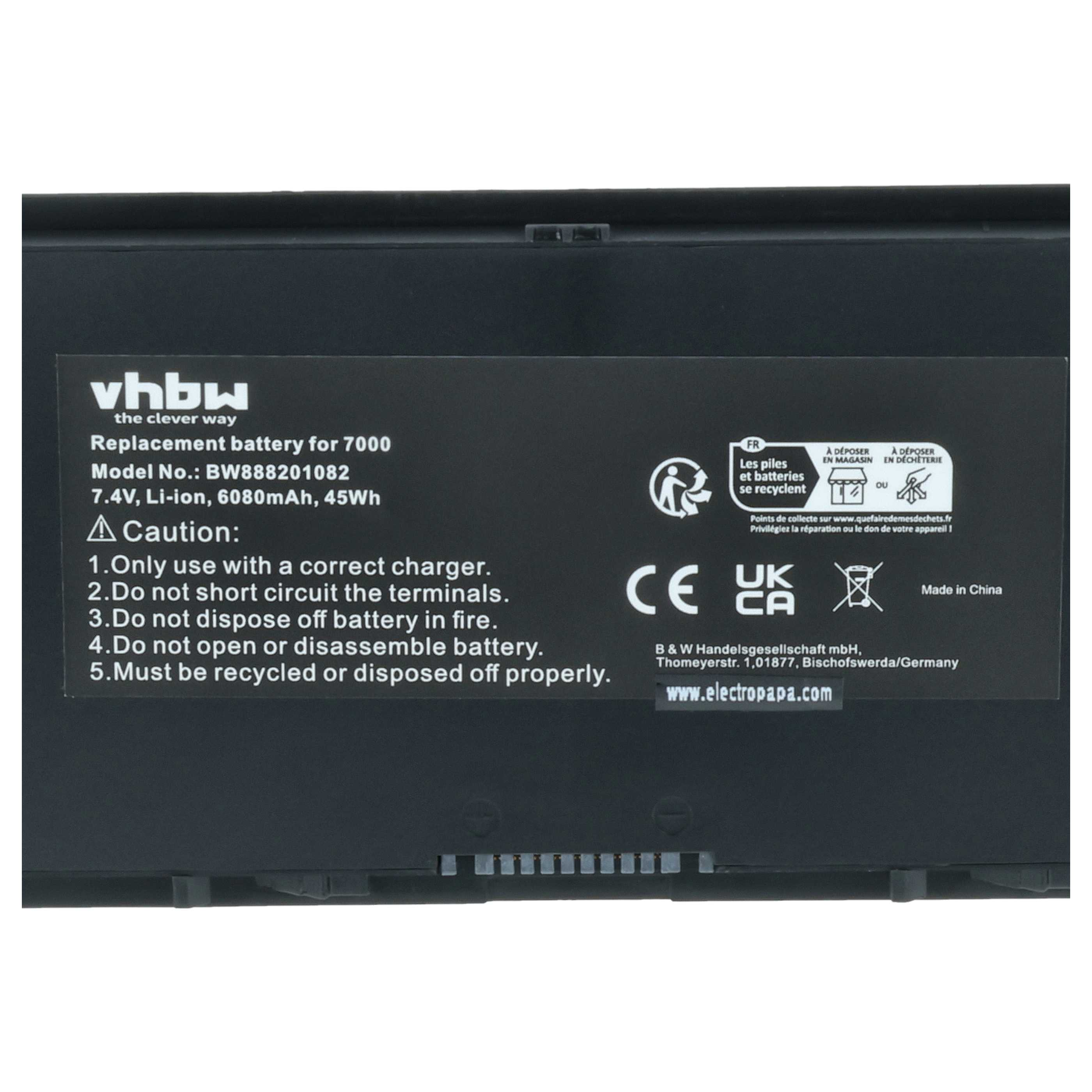 Ersatzakku für 7000, 7,4V Li-Ion, 6080mAh, mit Warnhinweisen.