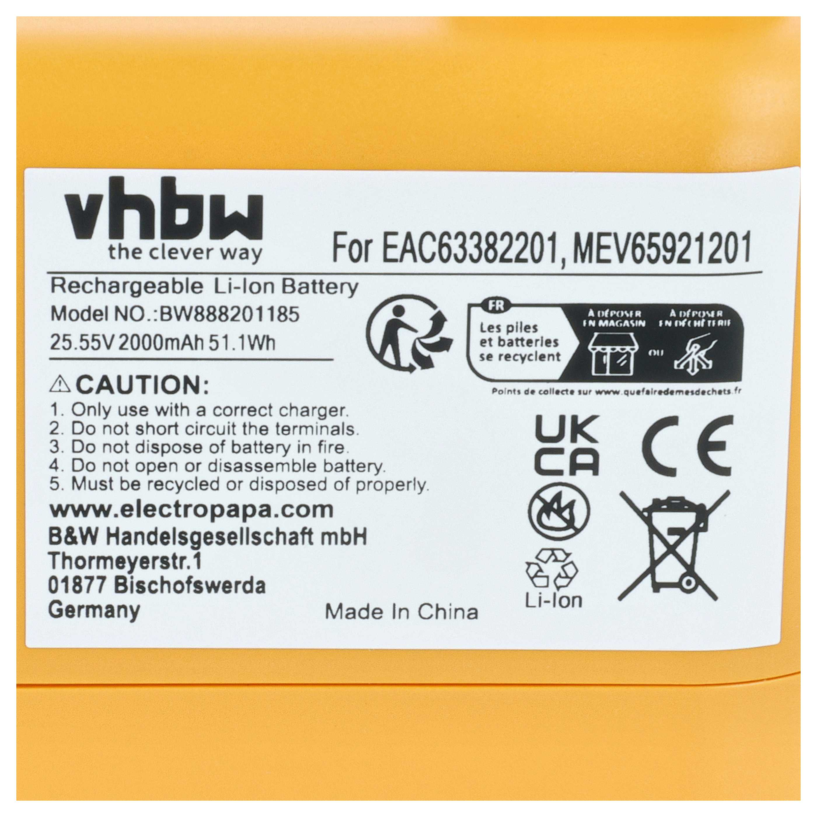 Gelber Akku mit Aufschriften: vhbw, Modell, Warnhinweise, Recycling-Symbole.