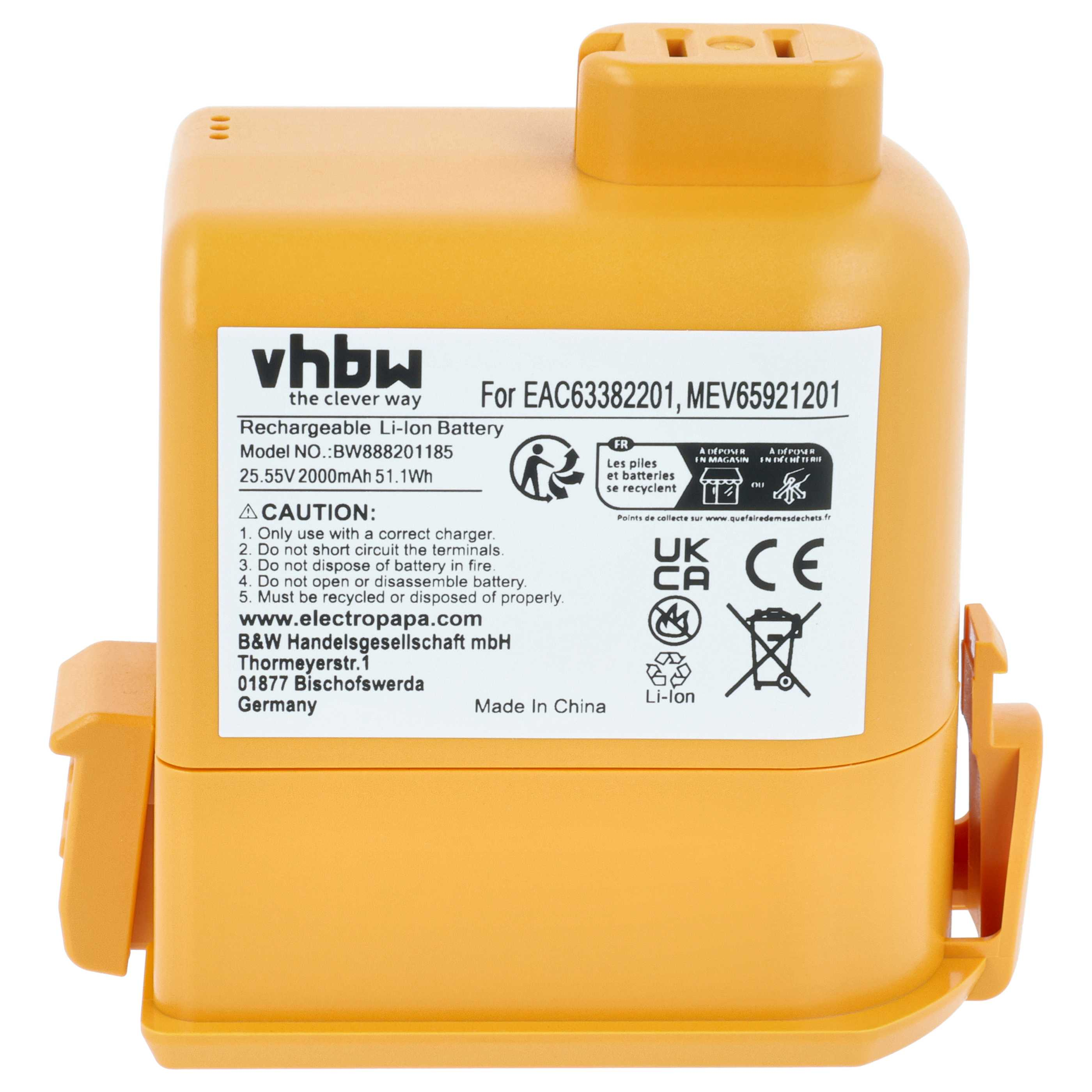 Gelbe Li-Ion-Batterie mit Aufkleber mit Modellnummer, Spannung und Warnhinweisen.