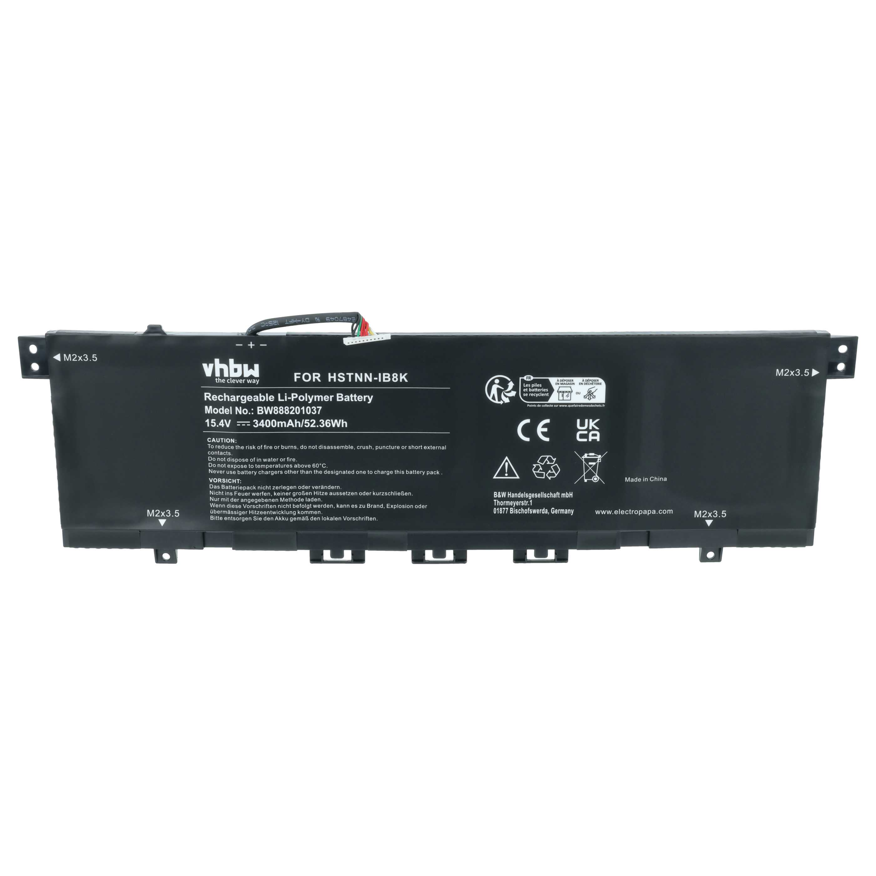 Schwarzer Laptop-Akku mit Beschriftung. Modell HSTNN-IB8K, 15.4V.
