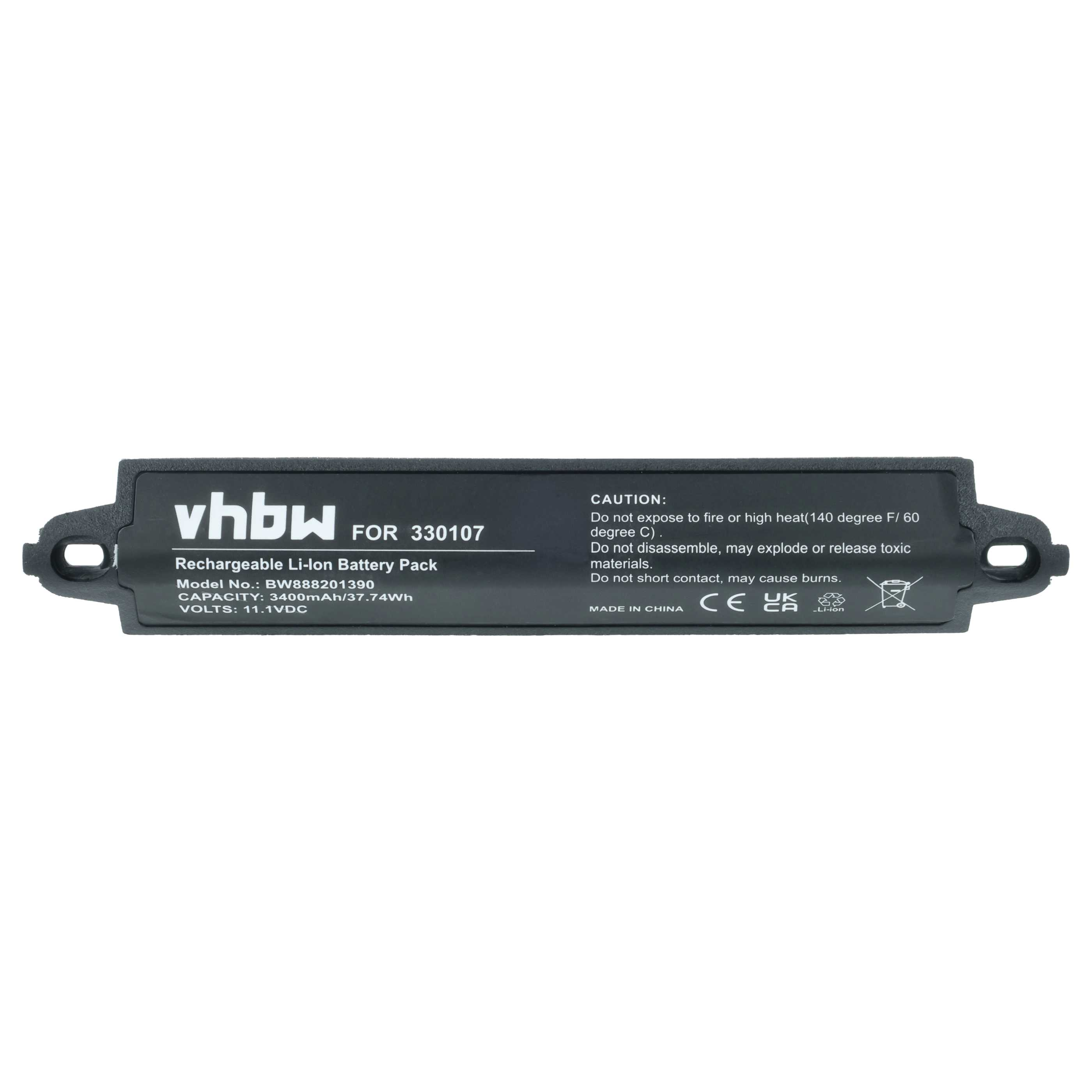 Schwarzer Li-Ion Akku mit Beschriftung: vhbw, 330107, 3400mAh, 11.1VDC.