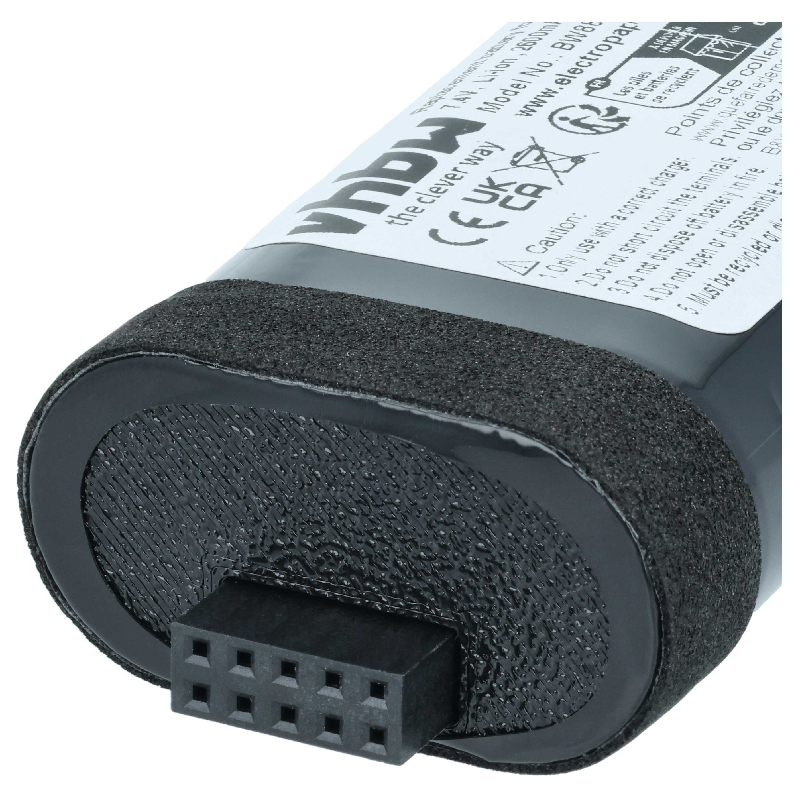 Ein schwarzer Akku mit einem Stecker und Warnhinweisen.