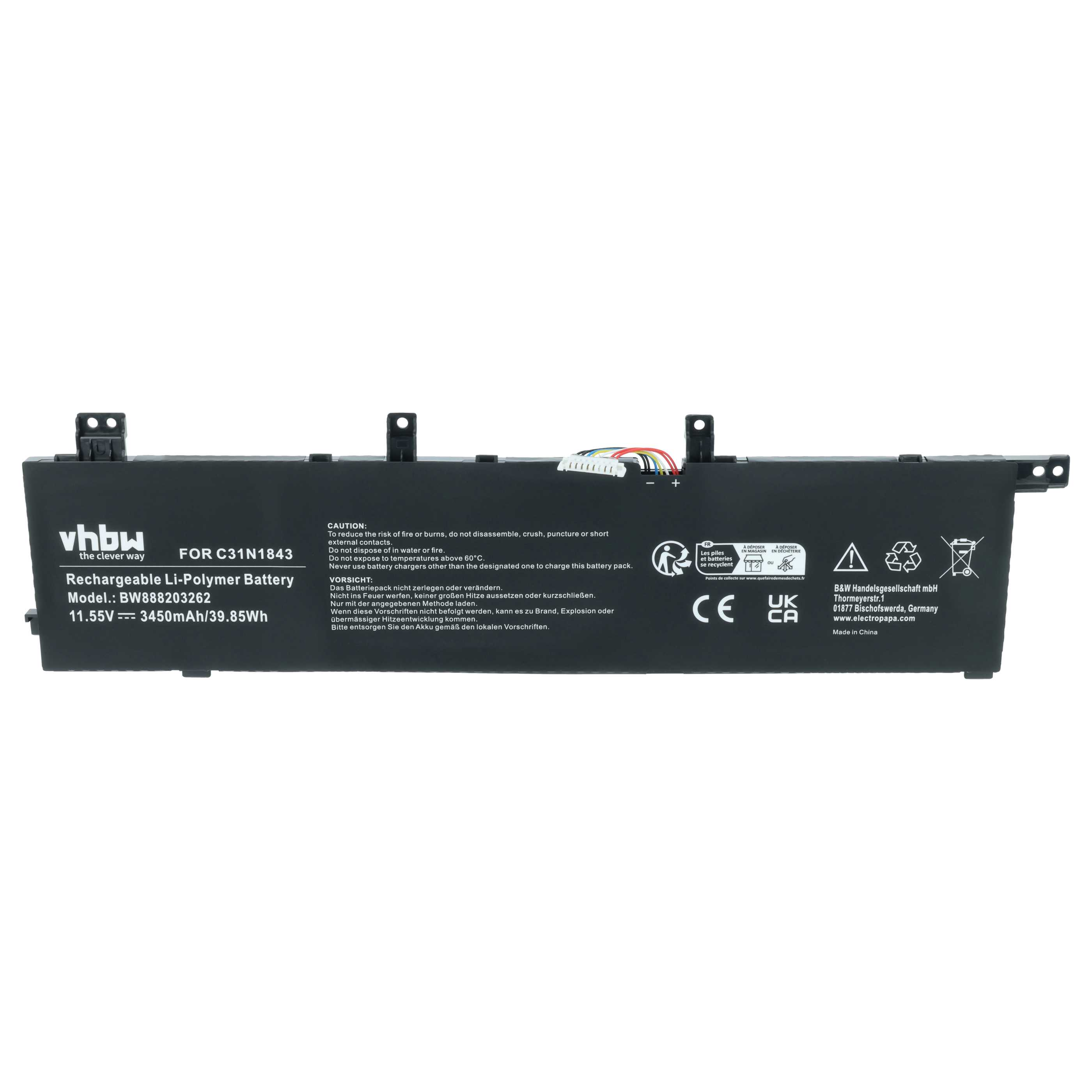 Schwarzer Li-Polymer-Akku mit Beschriftung: vhbw, FOR C31N1843, Modell BW888203262.