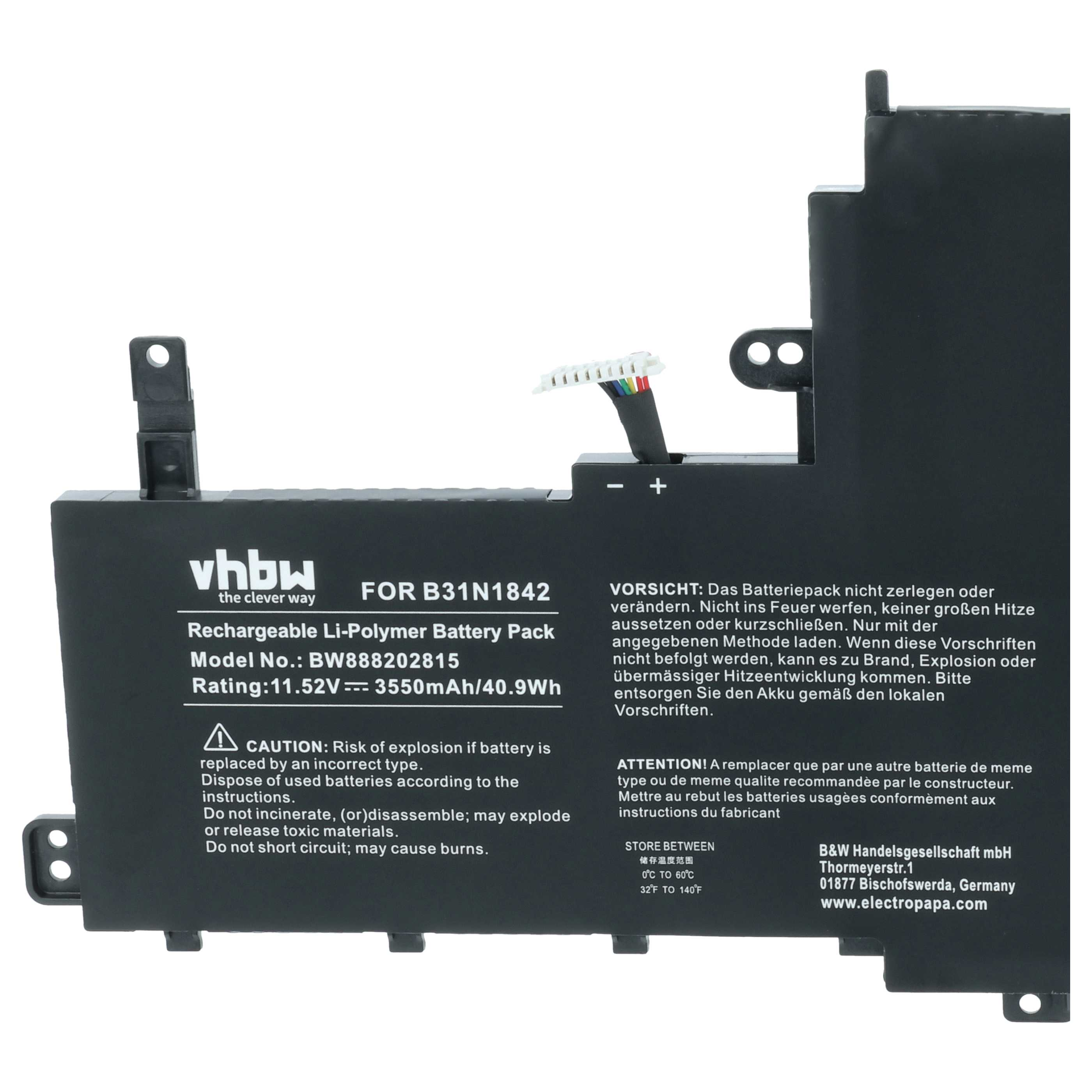 Schwarzer Laptop-Akku mit Kabeln, Modell B31N1842, 11.52V.