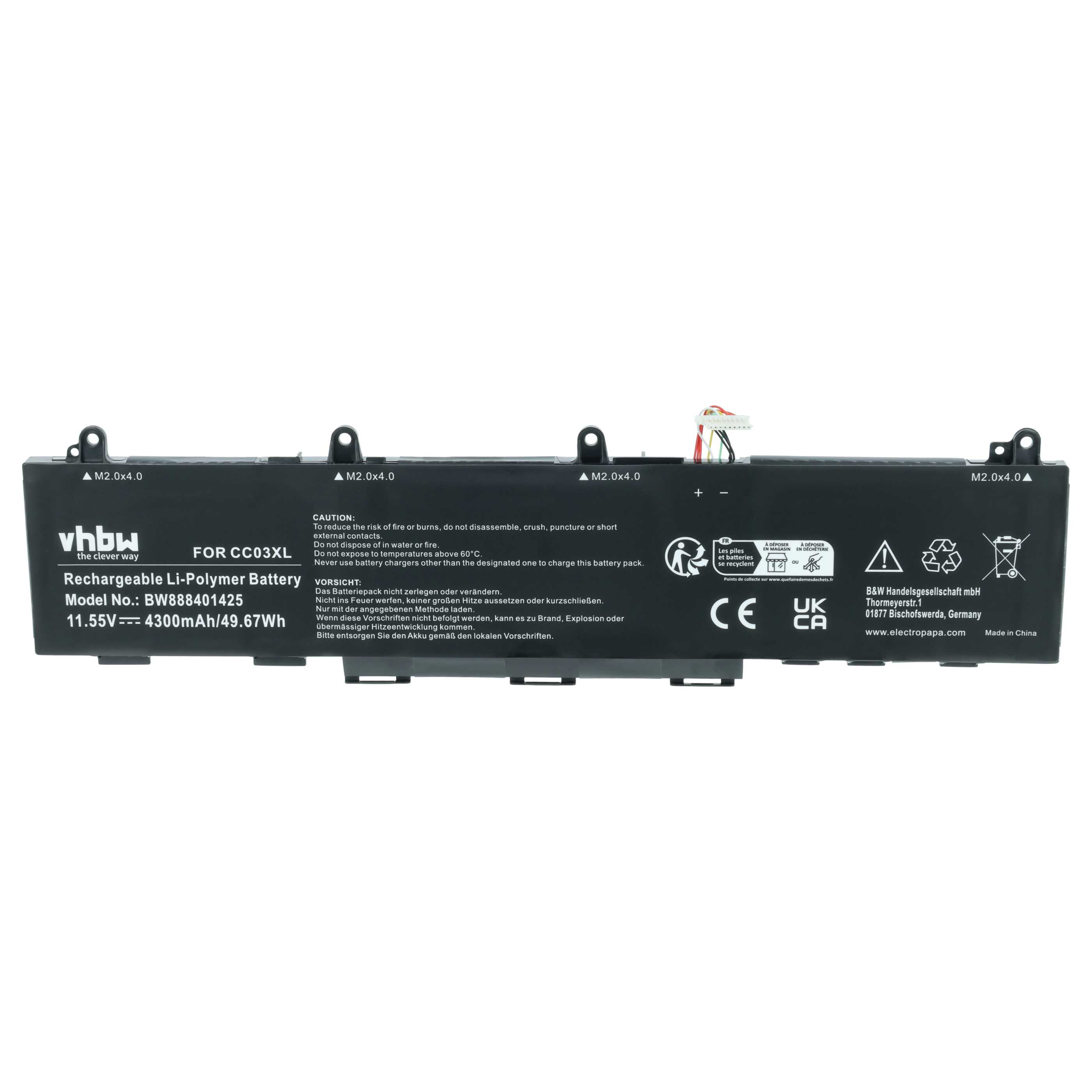 Schwarzer Laptop-Akku mit Beschriftung: vhbw, FOR CC03XL, Li-Polymer, 11.55V.