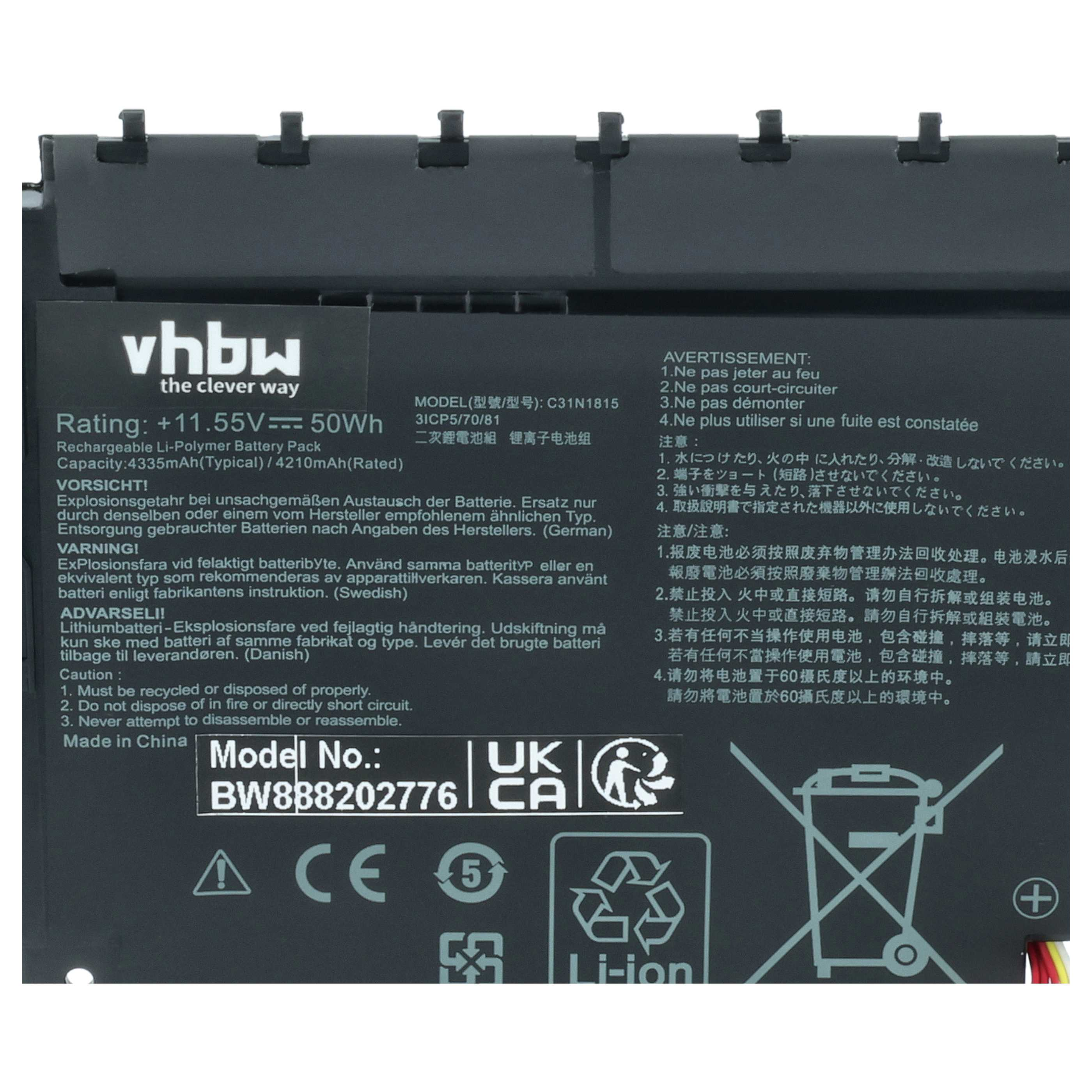 VHbW Li-Polymer Akku, 11.55V, 50Wh, Modell C31N1815, Made in China.