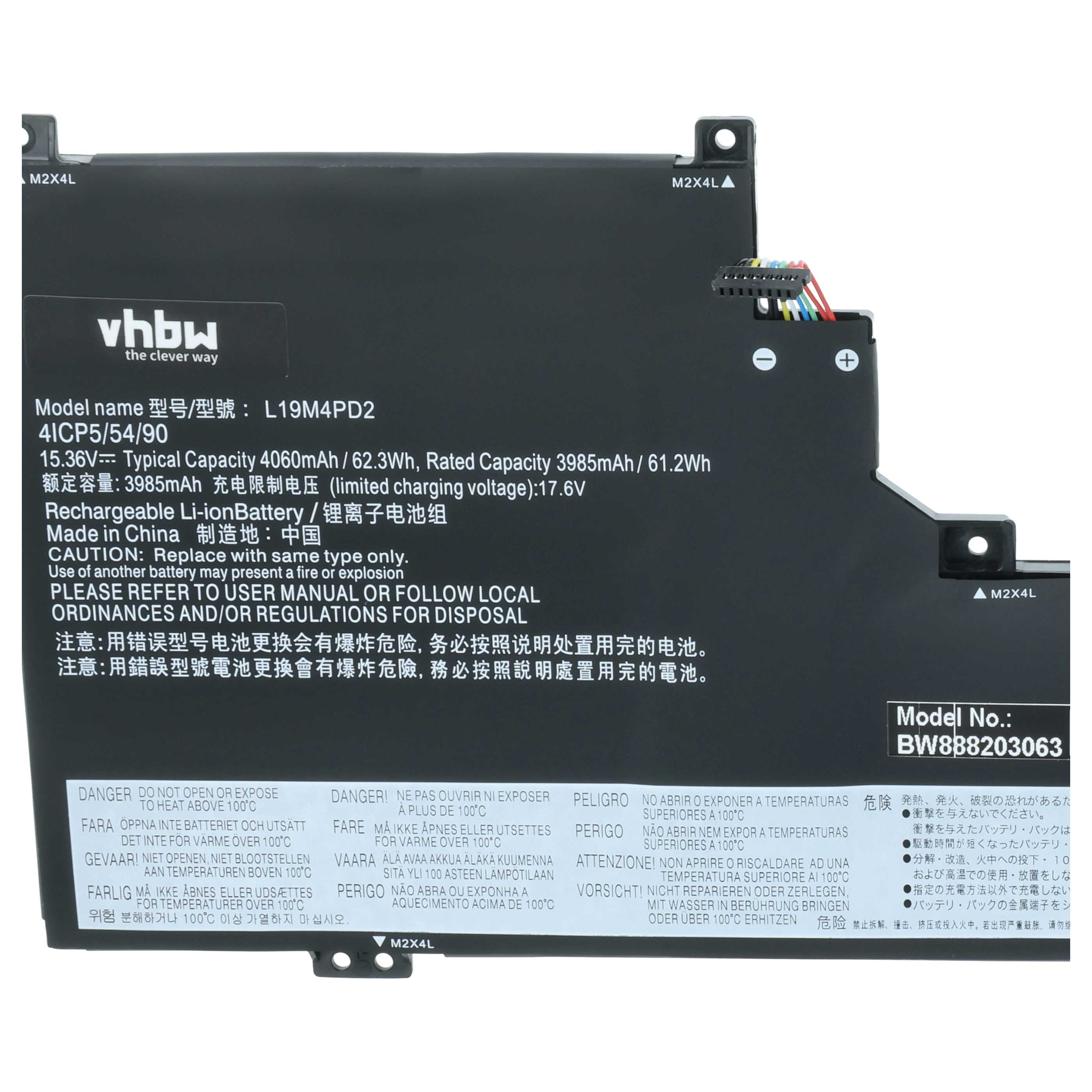 Schwarzer Laptop-Akku mit Modellnummer BW888203063 und technischen Daten.