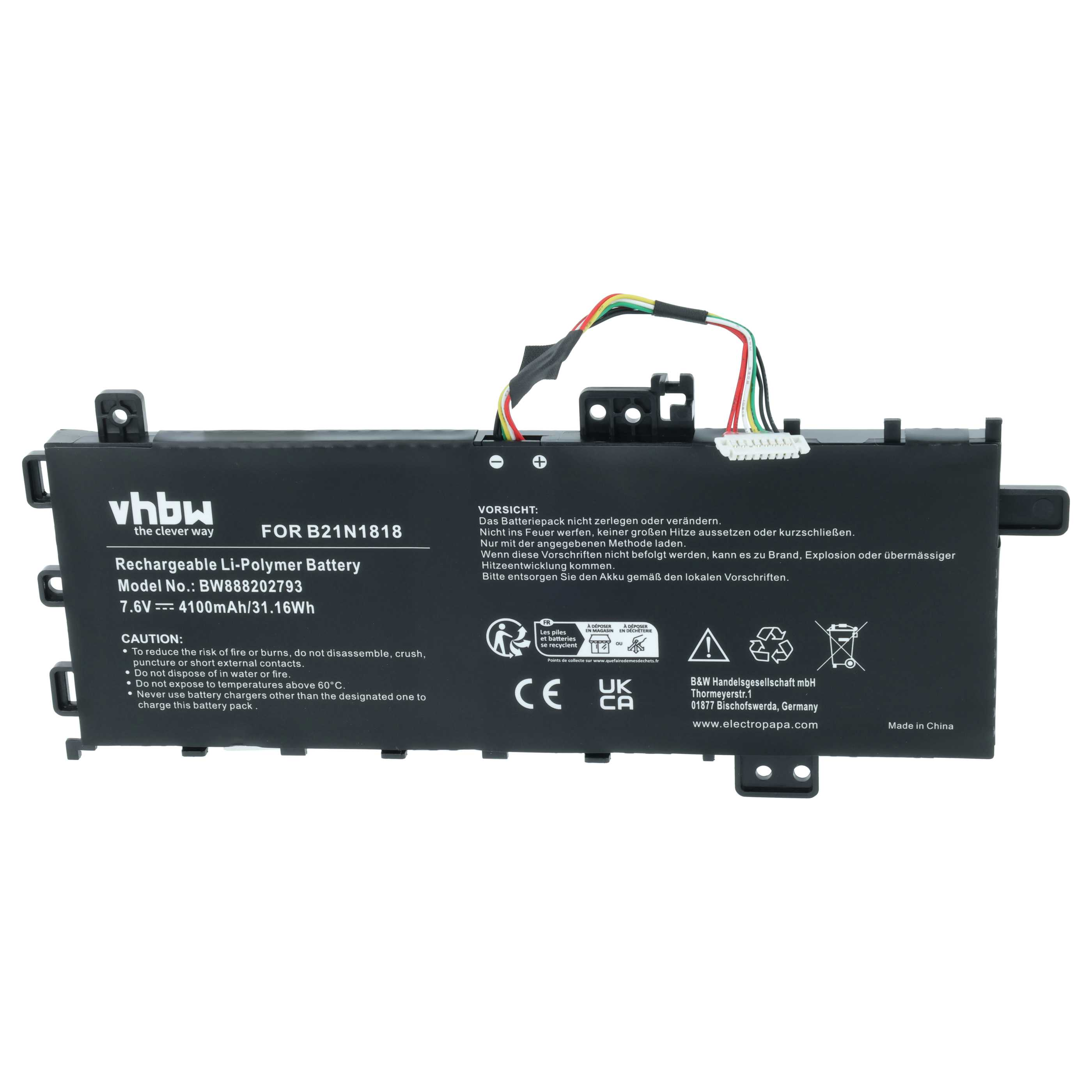 Schwarzer Laptop-Akku mit Kabeln, Modell BW888202793, 7.6V, 4100mAh.