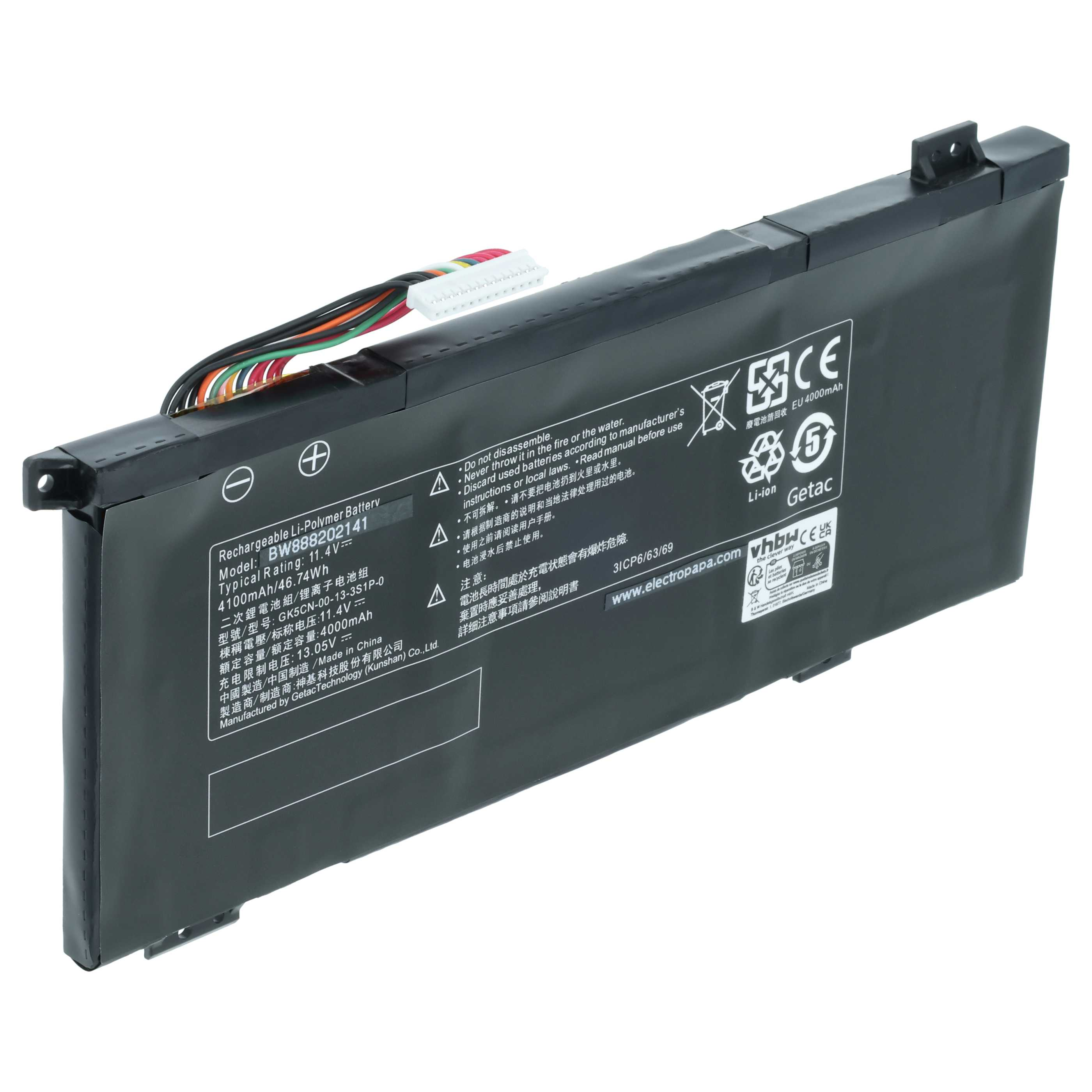 Schwarzer Li-Polymer-Akku mit Kabeln und Beschriftungen. Modell BW888202141.