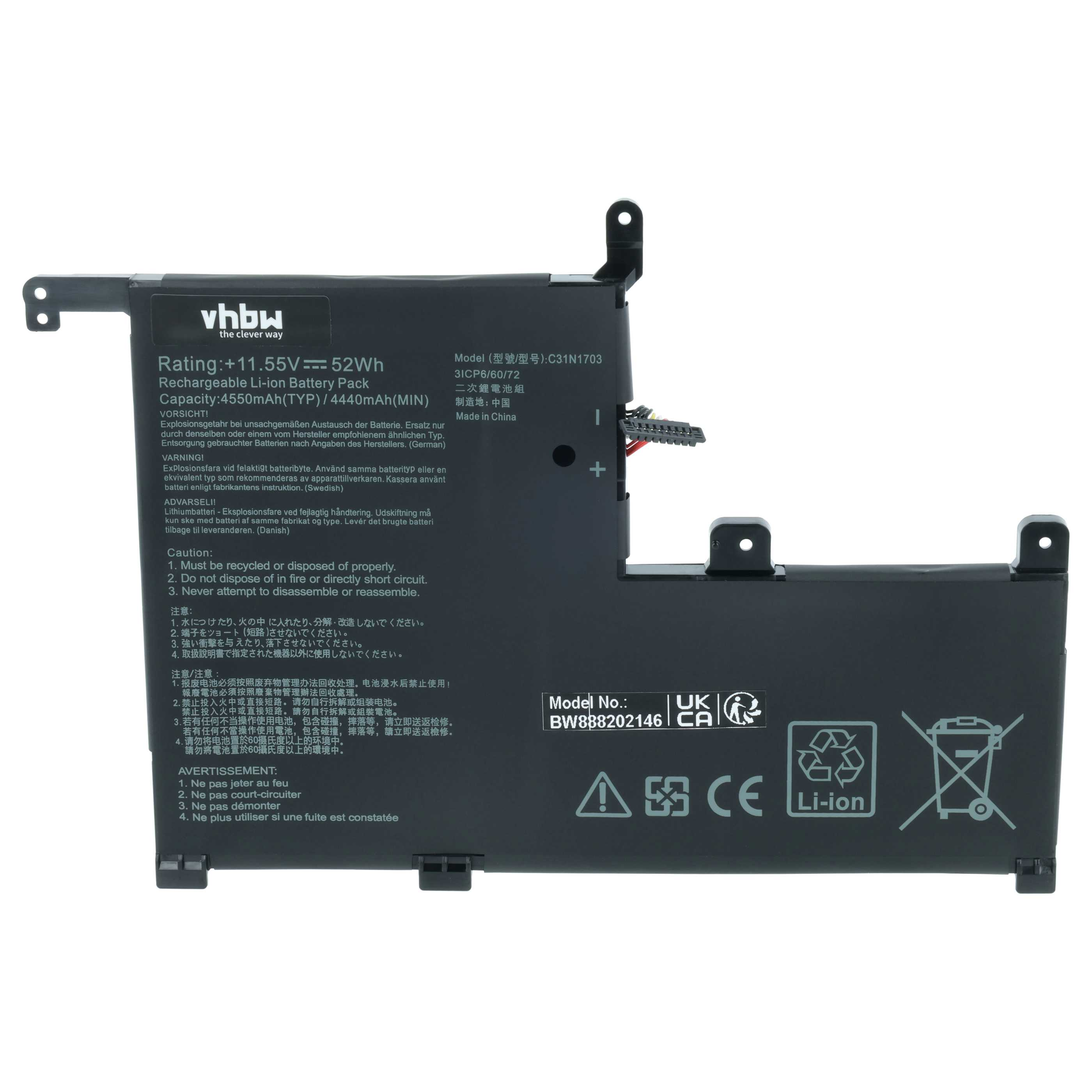 Vbhw Akku, 11.55V, 52Wh, 4550mAh, Modell C31N1703, Made in China.
