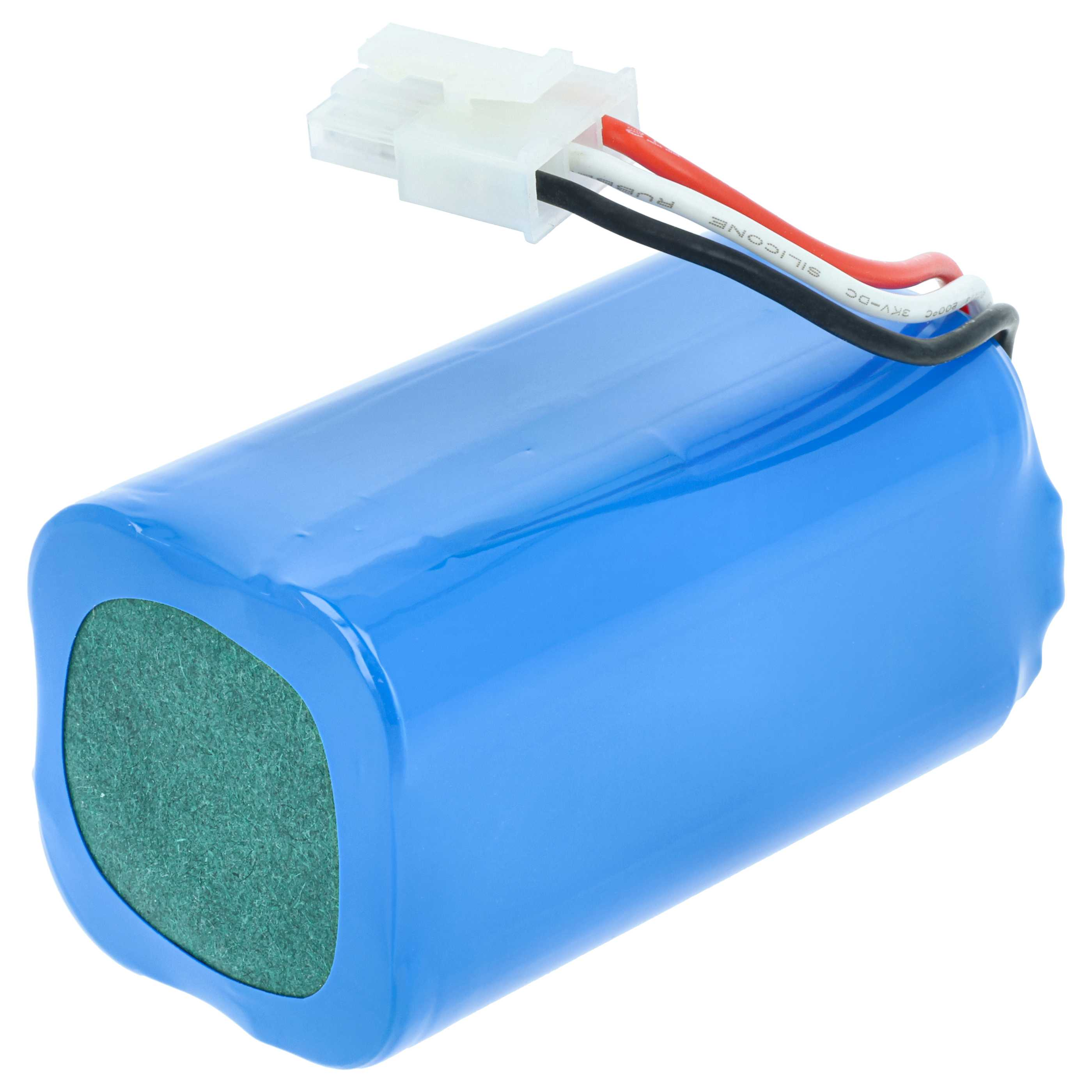 Ein blaues Akkupack mit grüner Oberseite und weißem Stecker mit drei Kabeln.