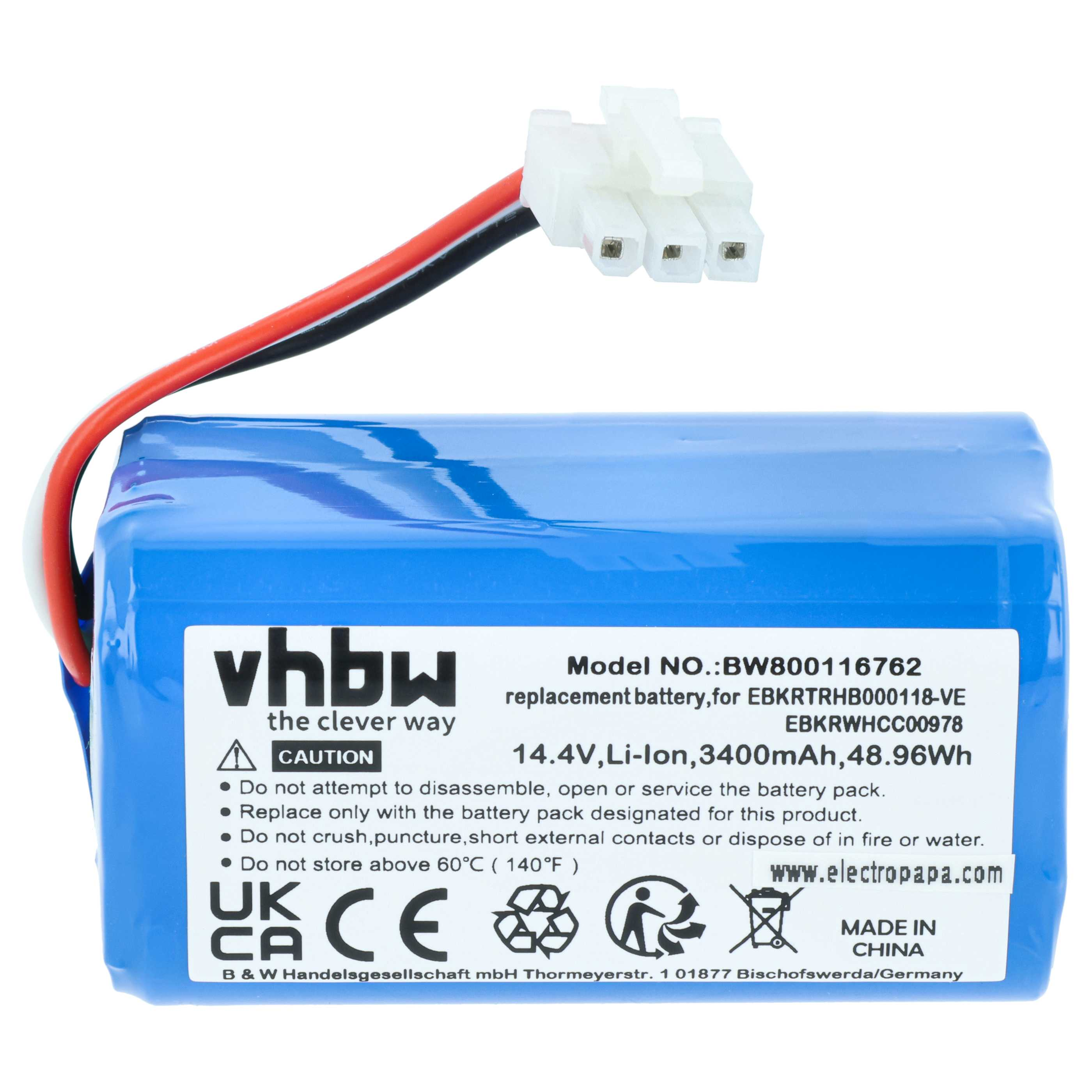 Blauer Akku mit Kabeln und weißem Stecker, Etikett mit technischen Daten.
