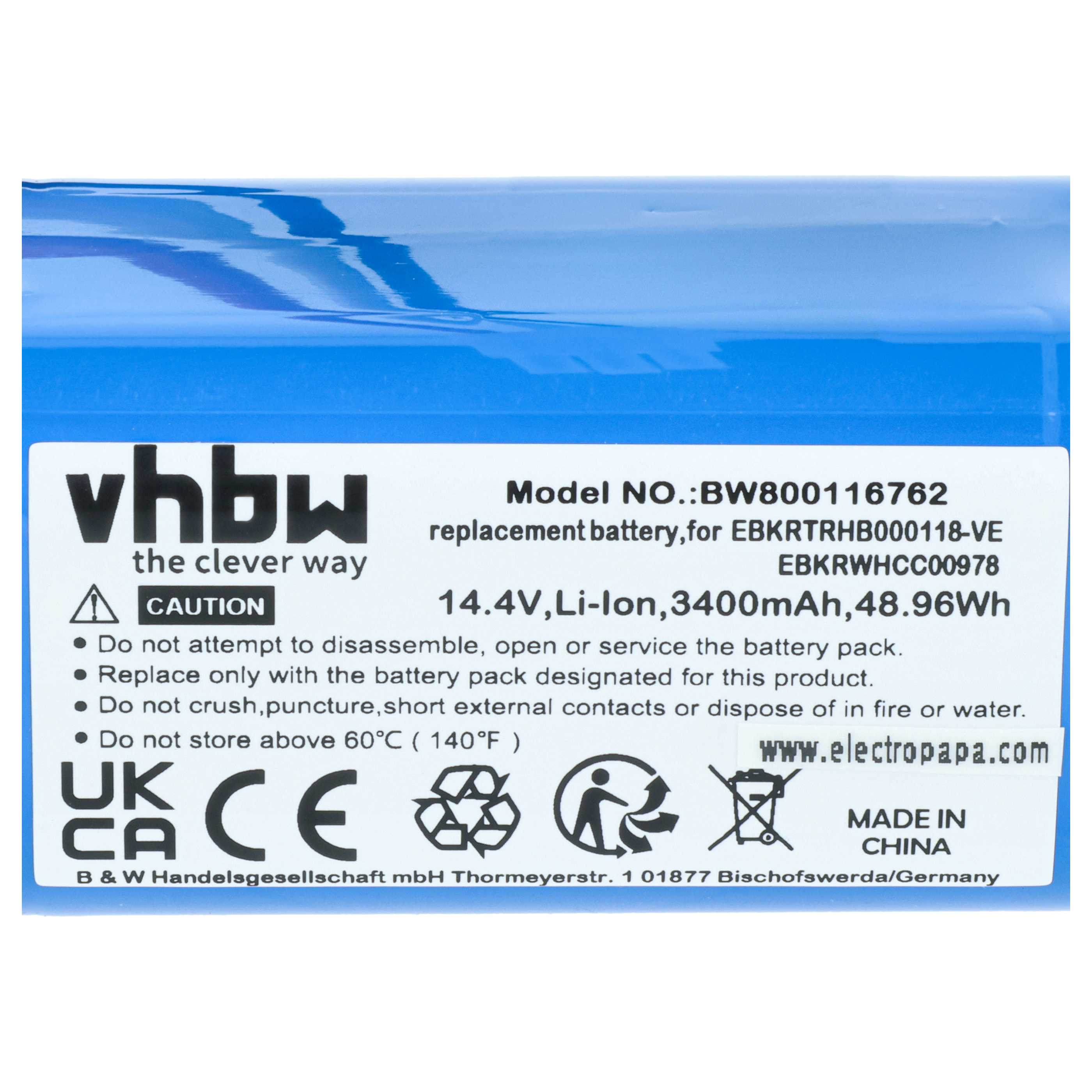 Blauer Akku mit Warnhinweisen und Spezifikationen: 14,4V, Li-Ion, 3400mAh.