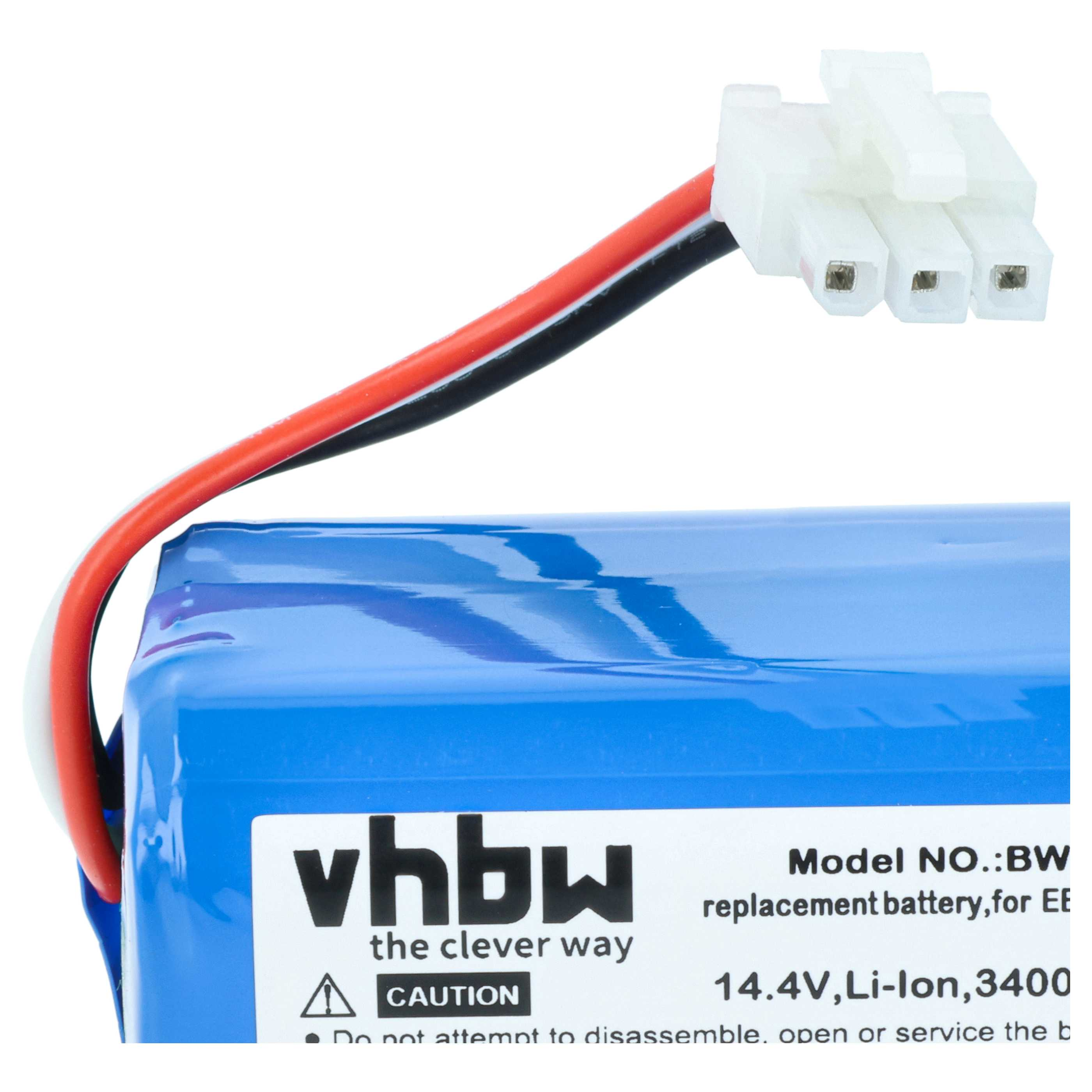 Blauer Akku mit weißem Stecker und Kabeln. Aufschrift: vhbw, Caution, 14.4V Li-Ion.