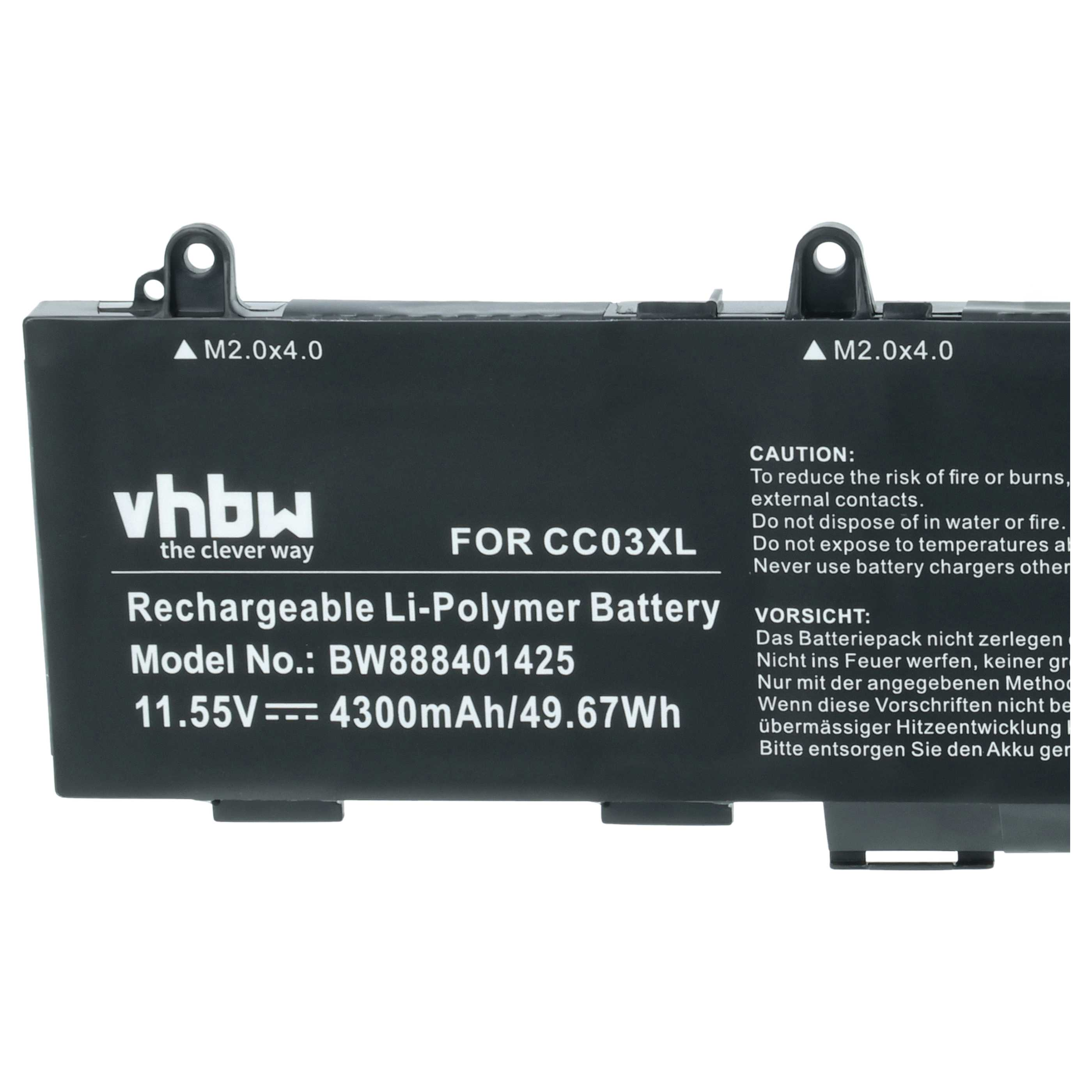 Schwarzer Akku mit weißen Aufdrucken: vhbw, Li-Polymer, 11.55V, 4300mAh.