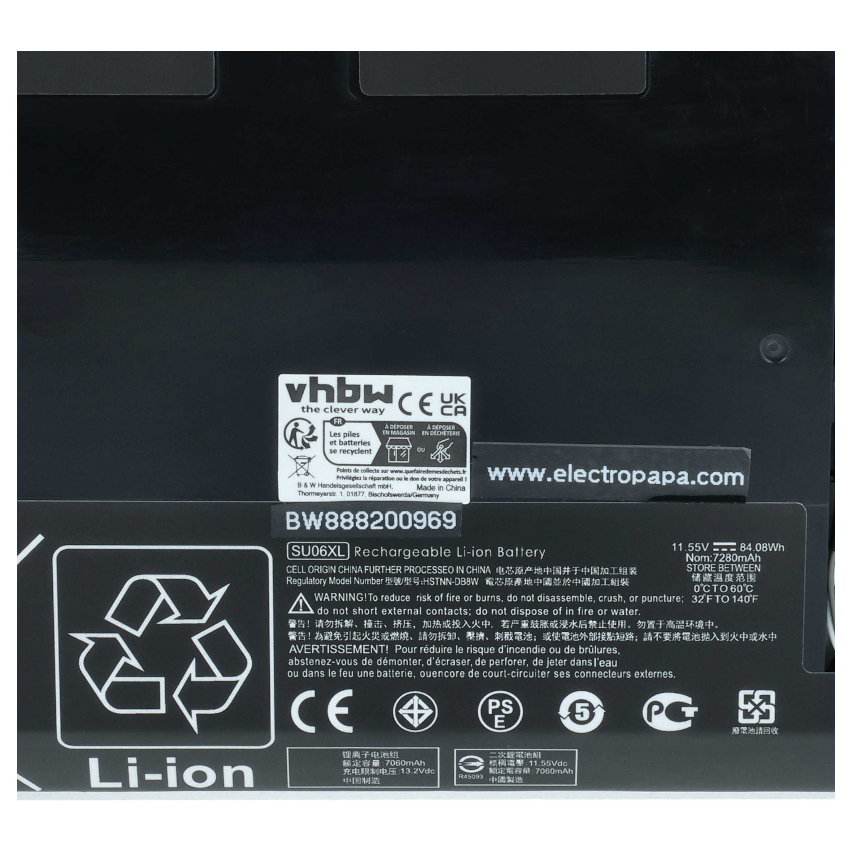Ein wiederaufladbarer Li-Ion-Akku SU06XL mit Warnhinweisen und CE- und Recycling-Symbolen.