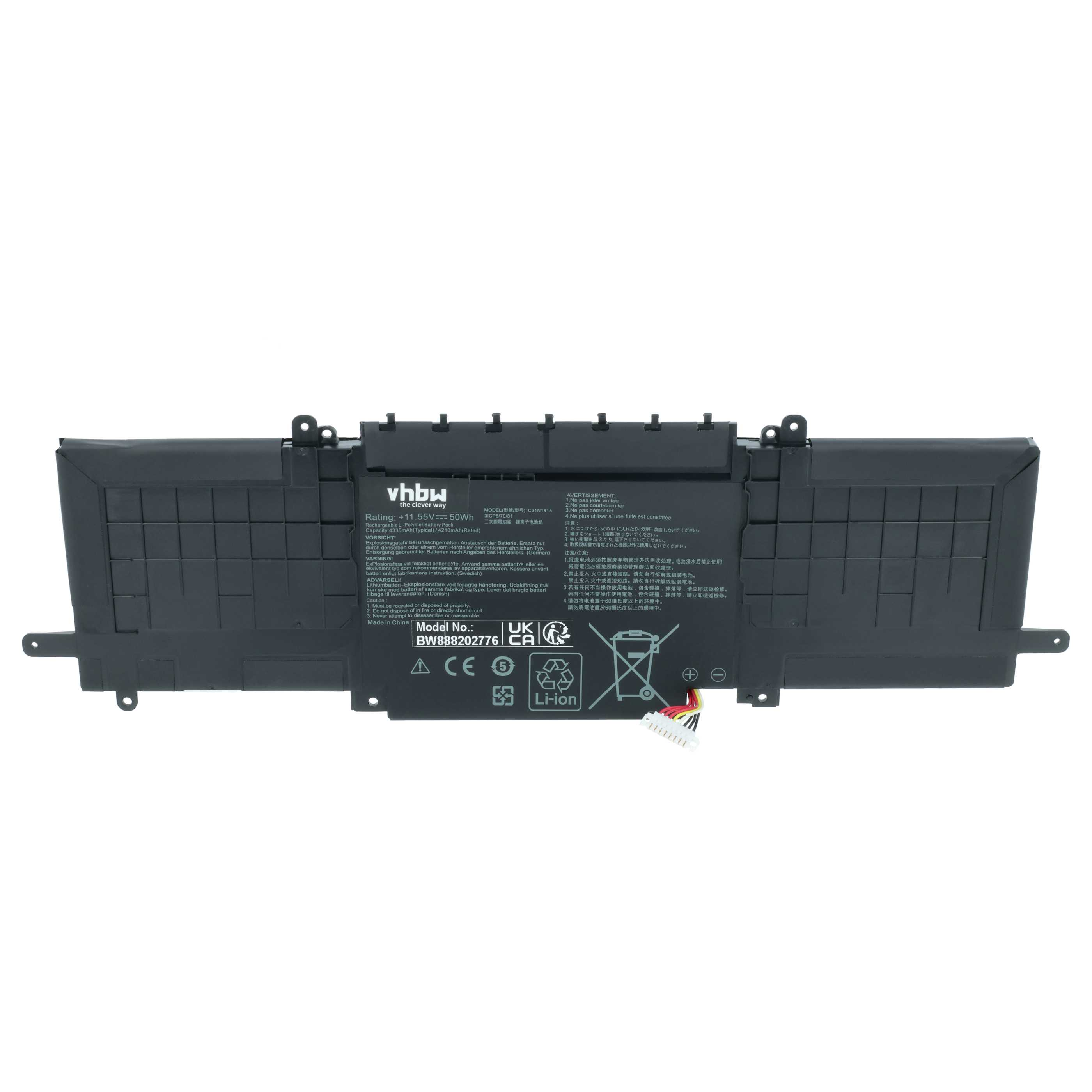Ein schwarzer Laptop-Akku mit Modellnummer BW888202776 und vhbw-Logo.