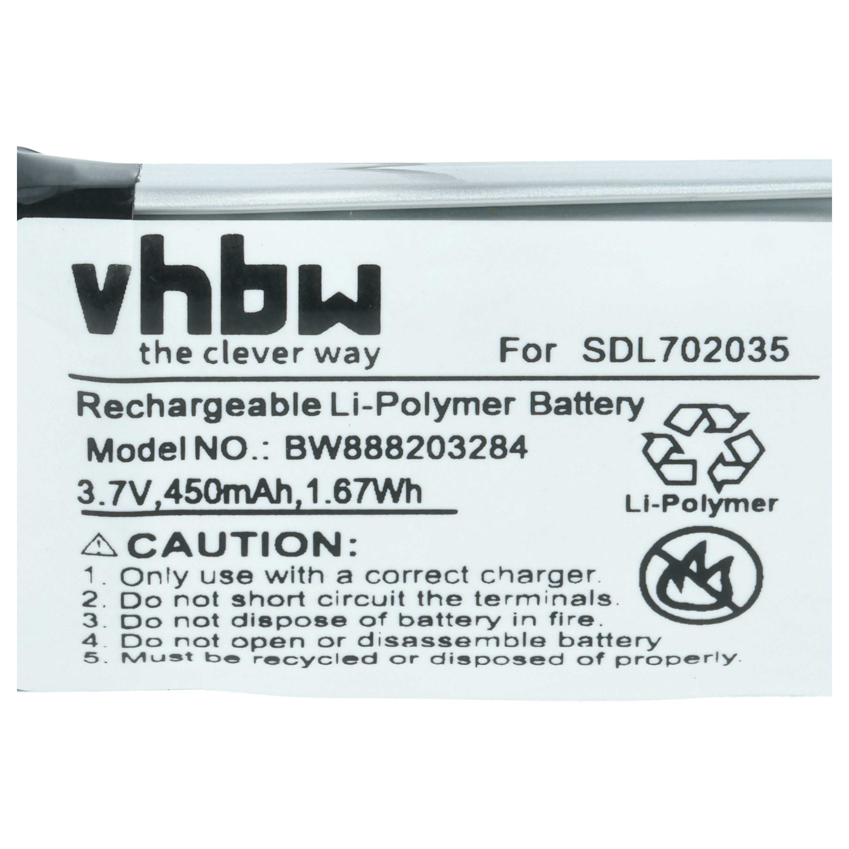 vhbw Li-Polymer Akku SDL702035, 3.7V, 450mAh, 1.67Wh. Vorsichtshinweise beachten.