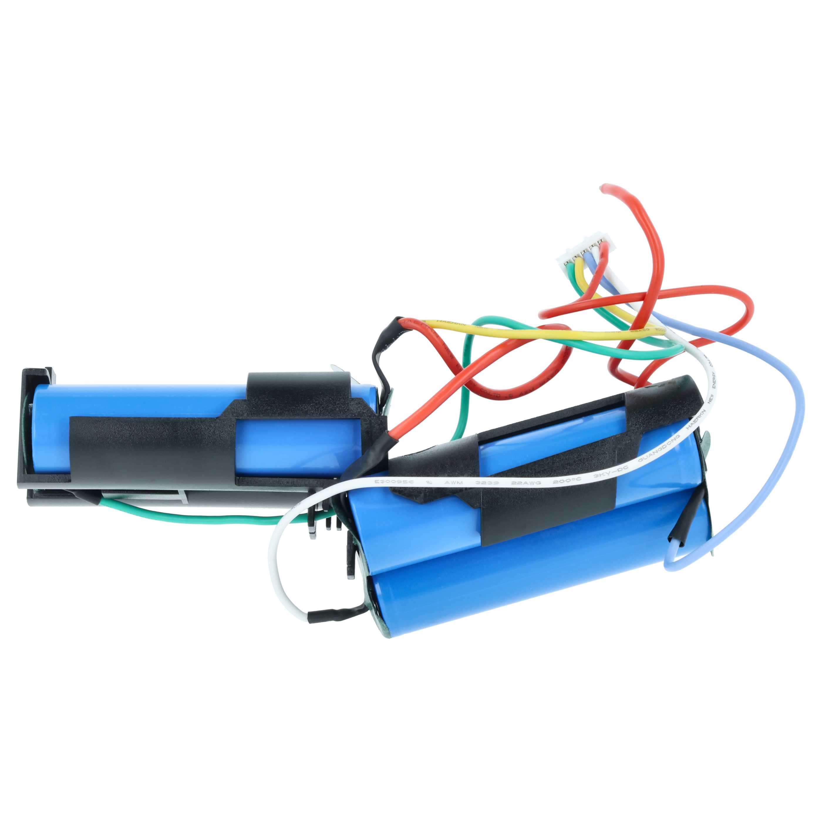 Zwei blaue Batterien mit schwarzen Halterungen und bunten Kabeln auf weißem Grund.